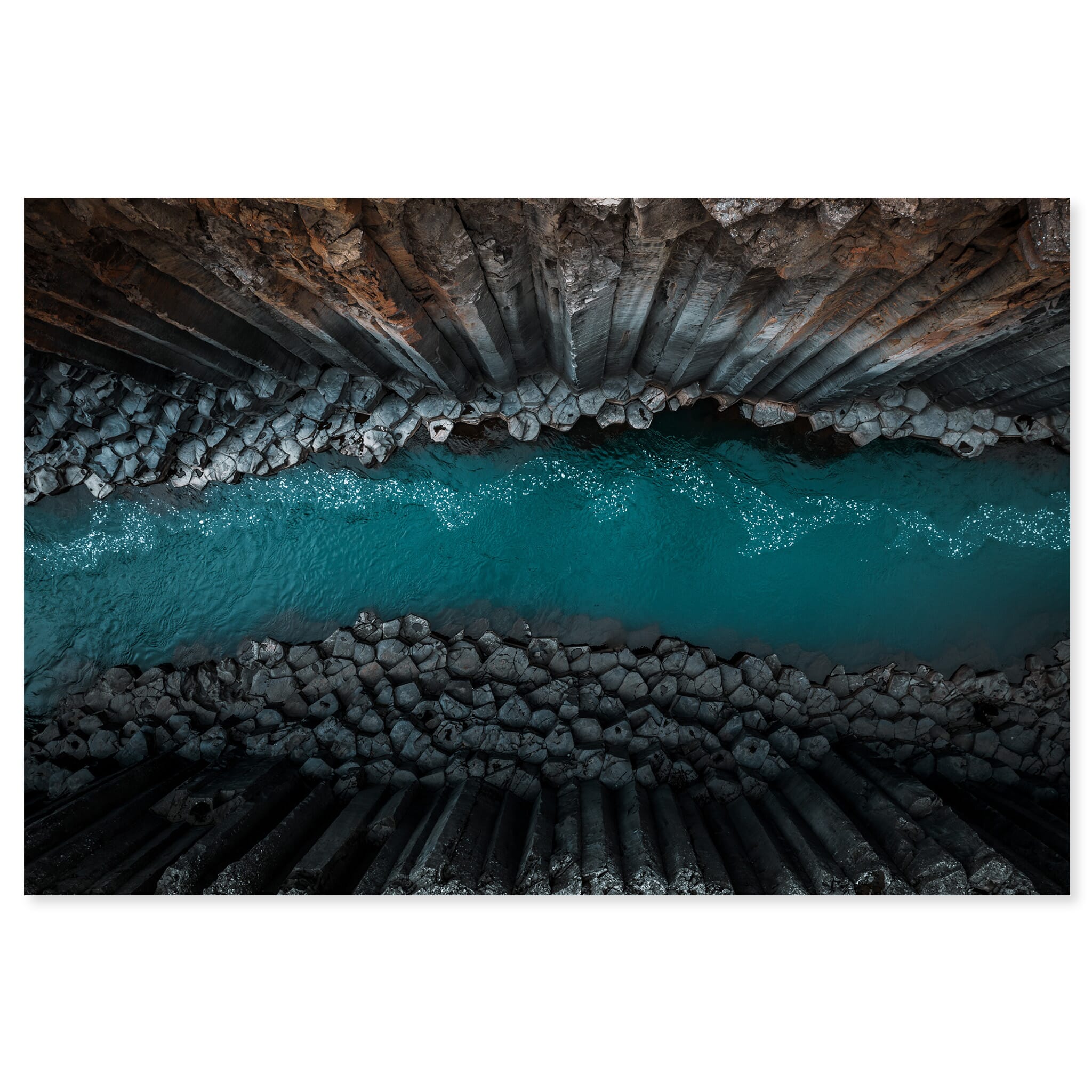 Fine art print of basalt columns seen from an aerial view in Stuðlagil canyon