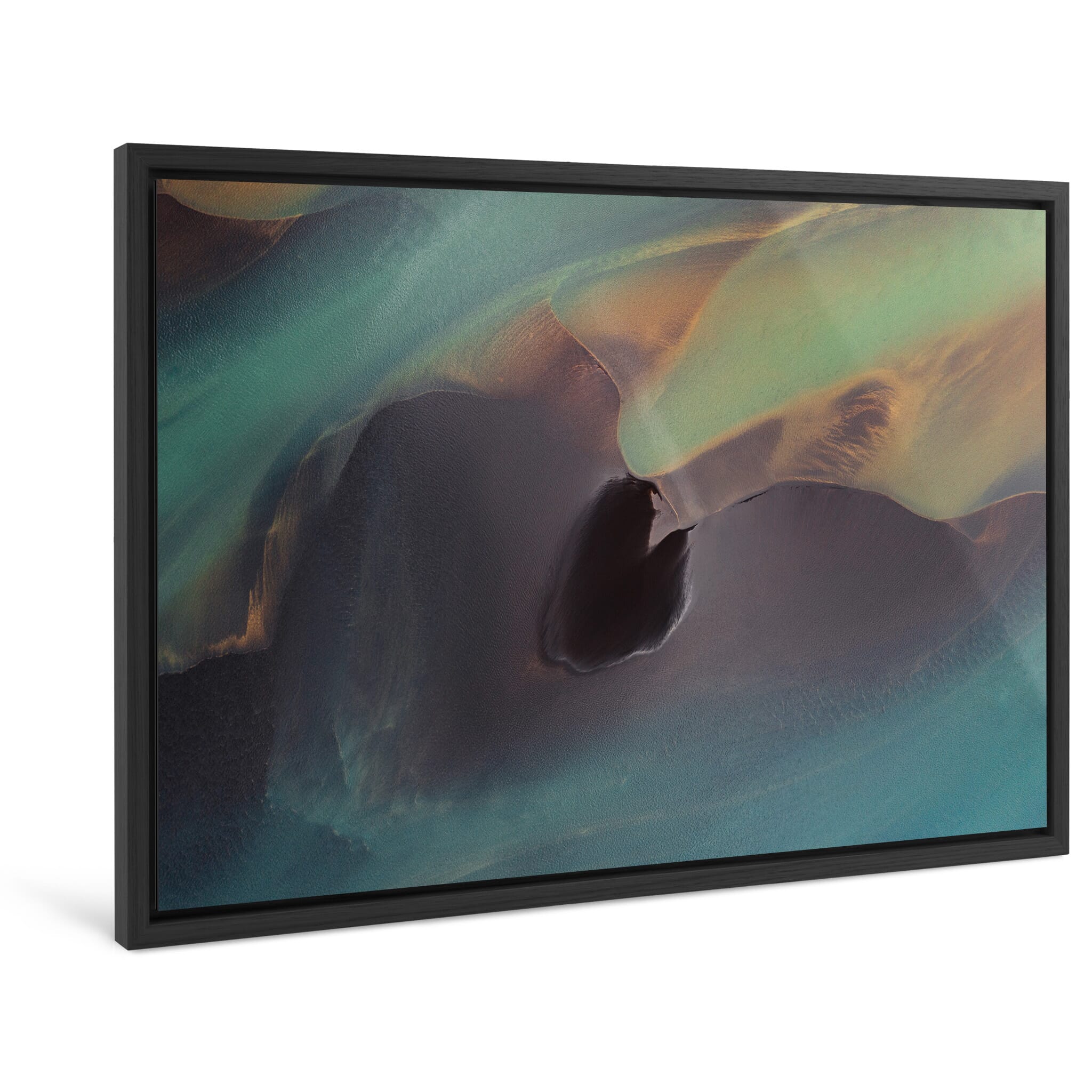 Framed photo print of vibrant sediment patterns shaped by meltwater flow in Iceland
