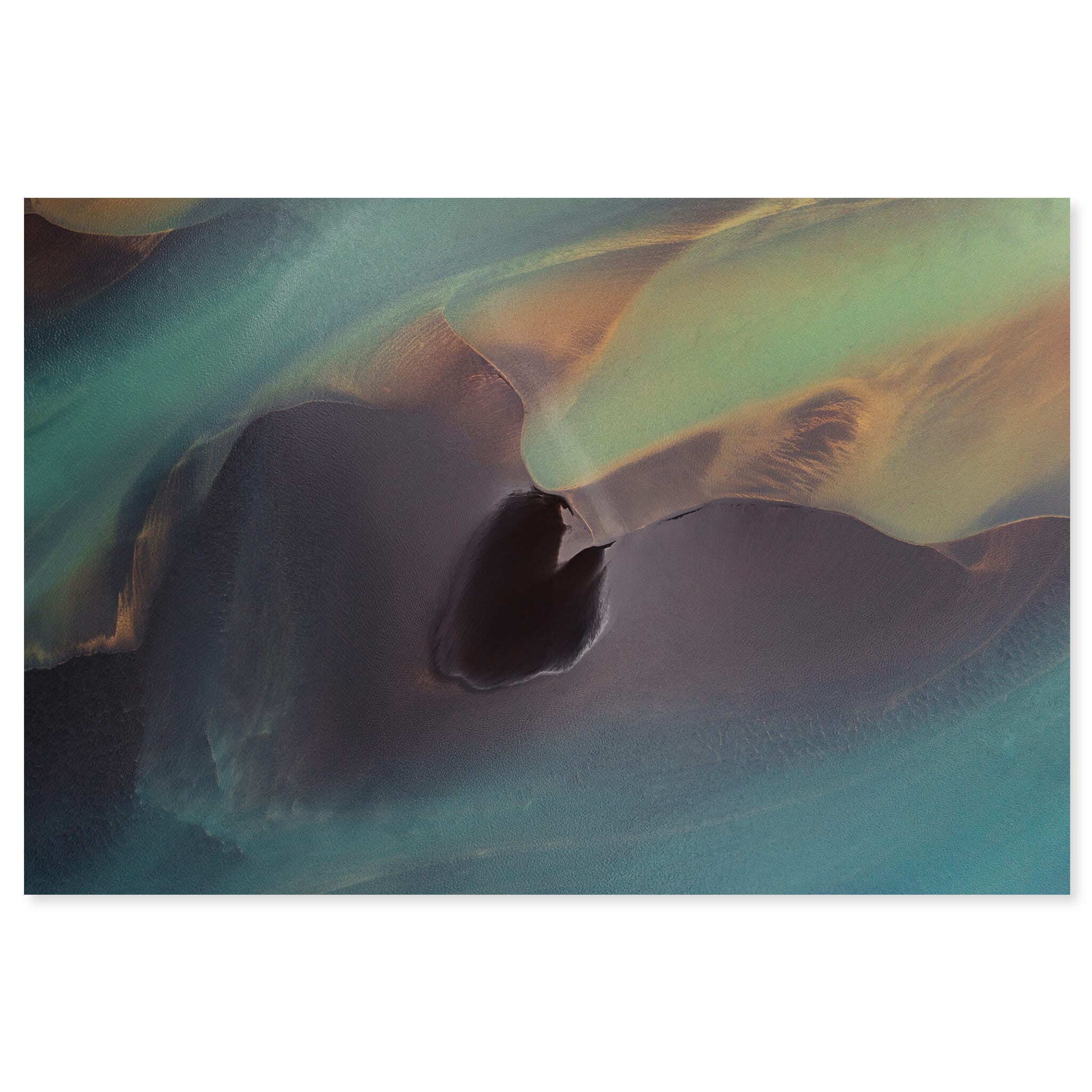 Fine art print of abstract and colorful aerial view of a glacial river and sandbank