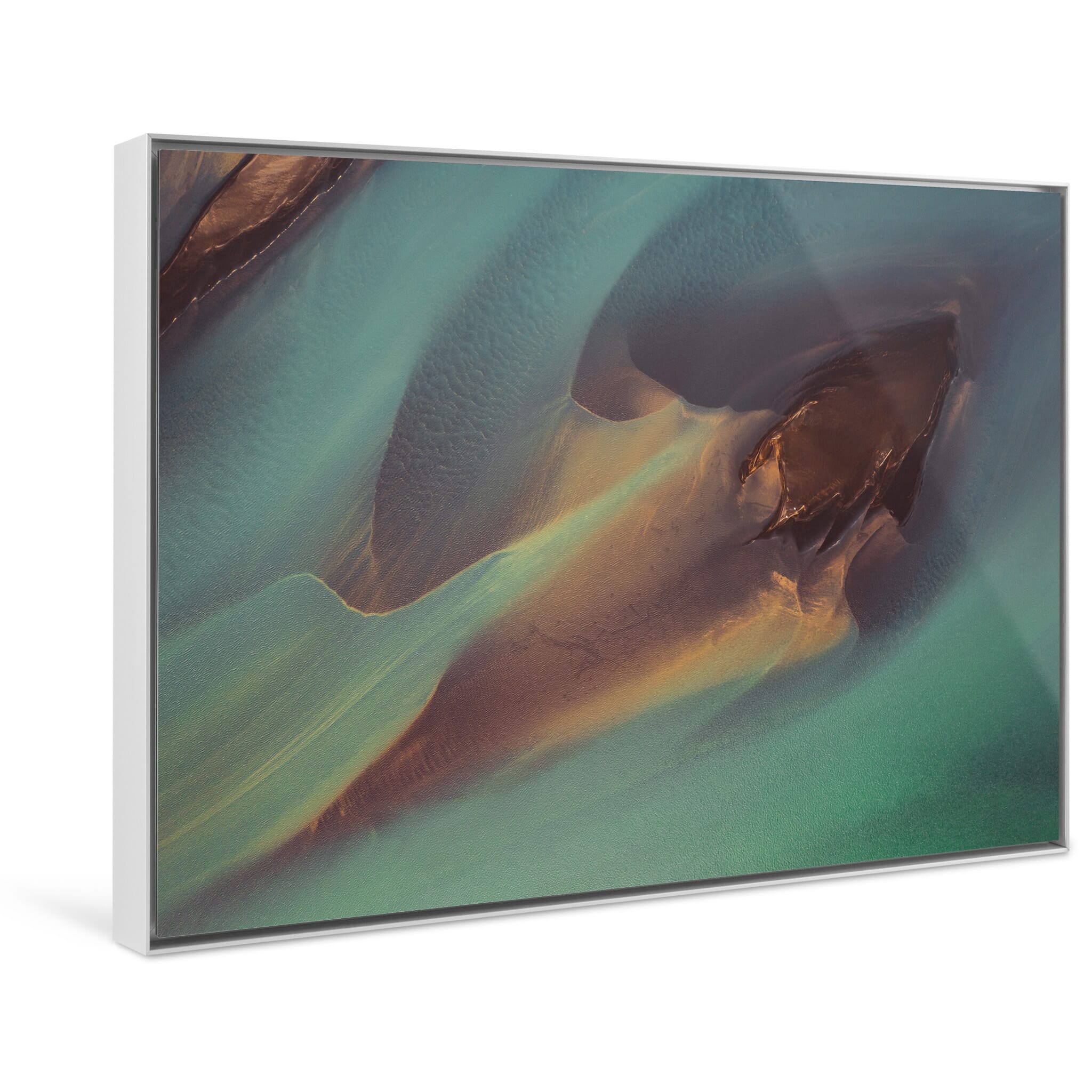 Framed photo print of Iceland river landscape featuring sandbanks and colorful currents