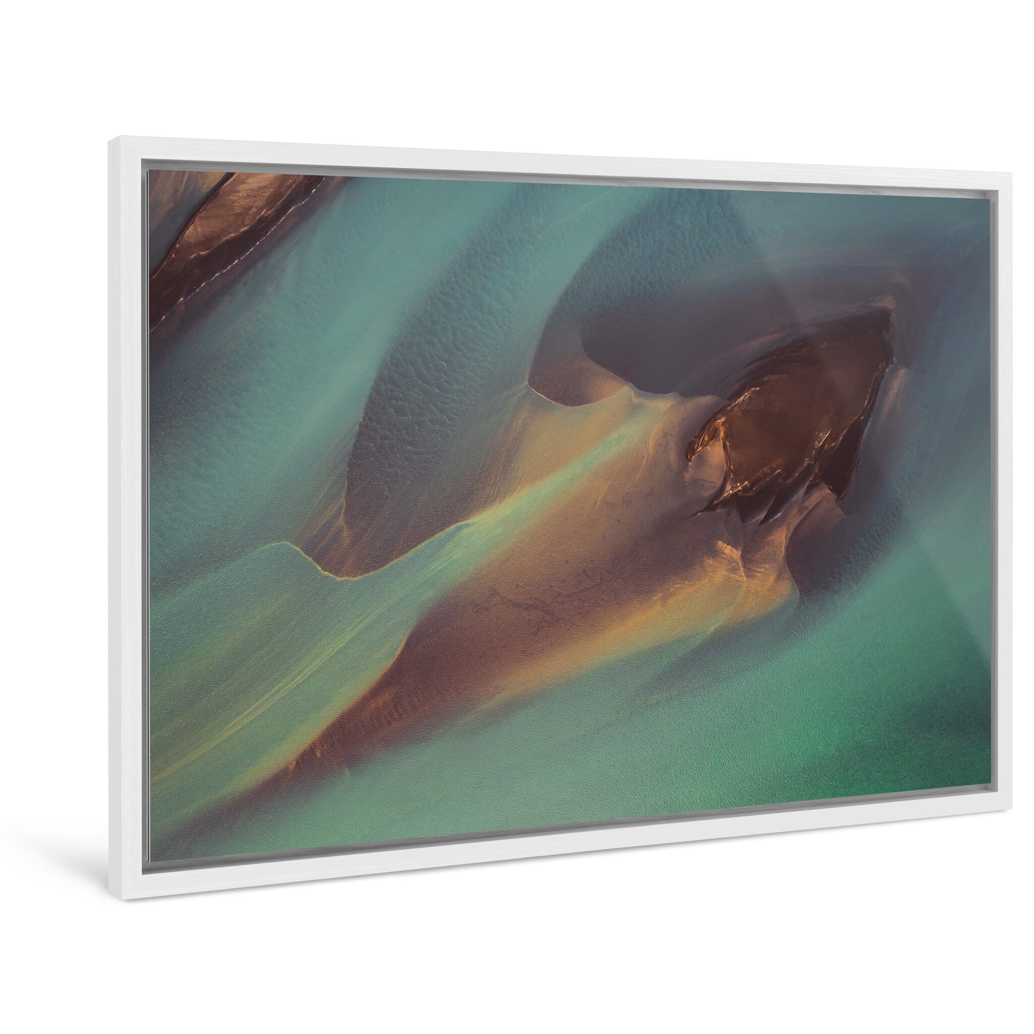 Framed photo print of Icelandic glacial river with surreal colors and shifting textures