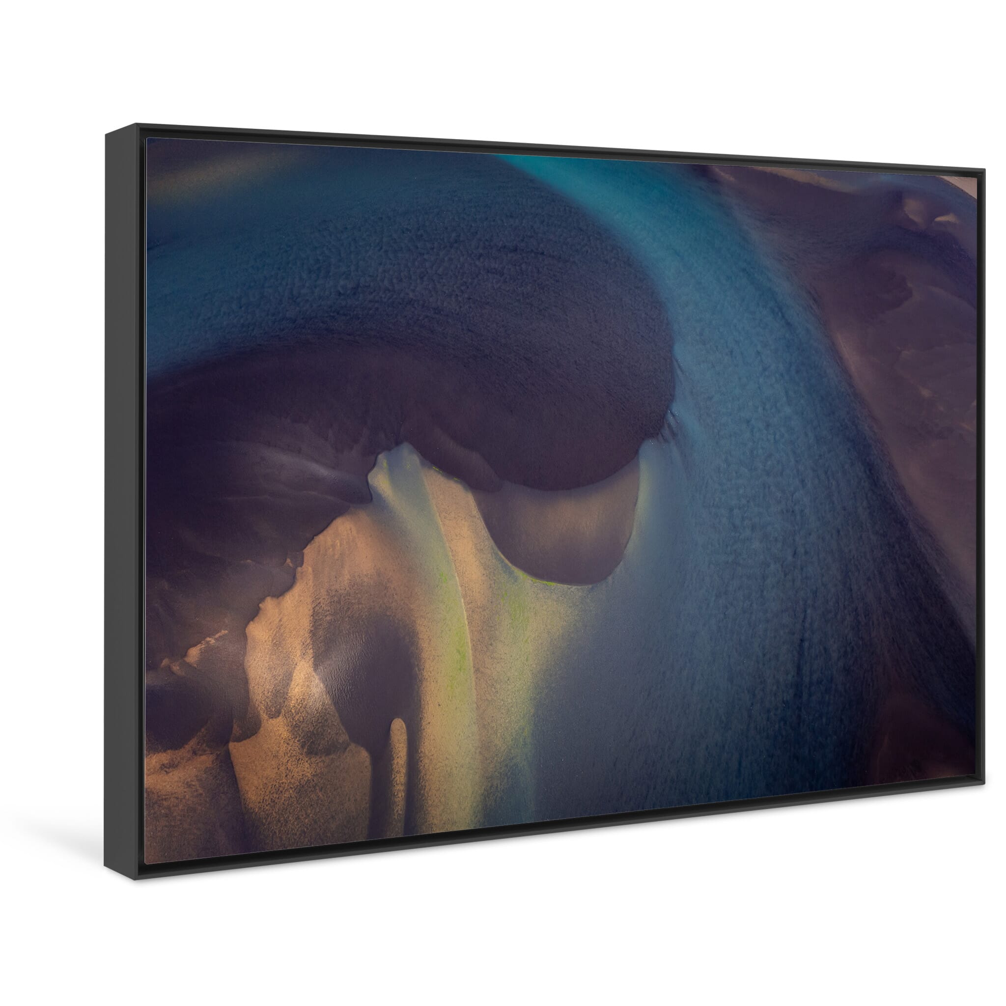 Framed photo print of dynamic aerial landscape of flowing glacial waters in Iceland