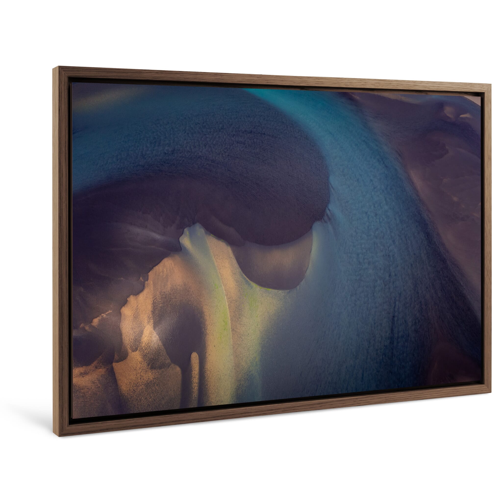 Framed photo print of glacial river textures in warm ochre and blue tones