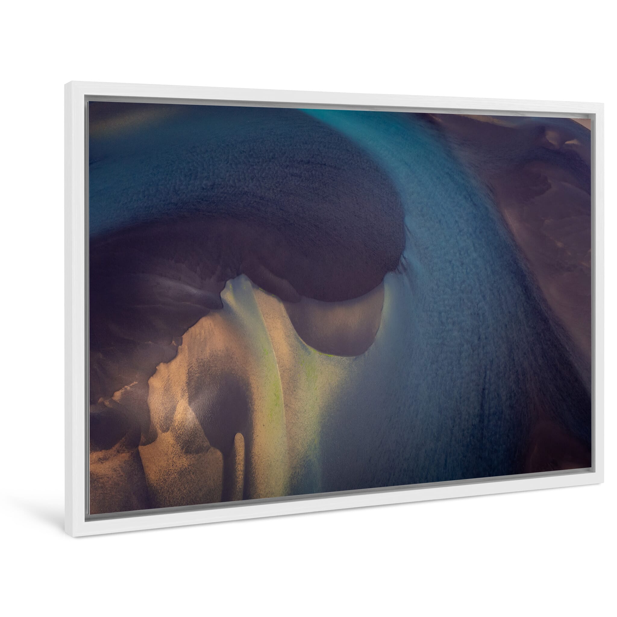 Framed photo print of Icelandic sediment flows forming abstract shapes in river delta