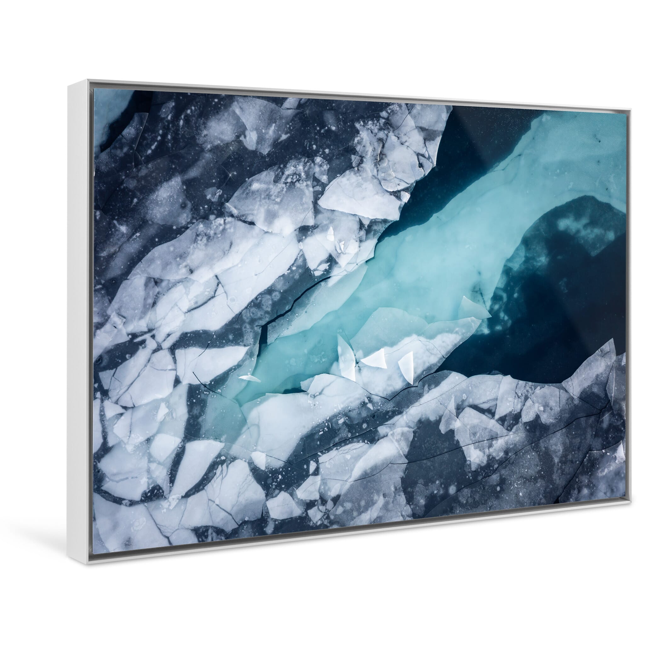 Framed photo print of dynamic interplay of ice and water captured from above in Iceland