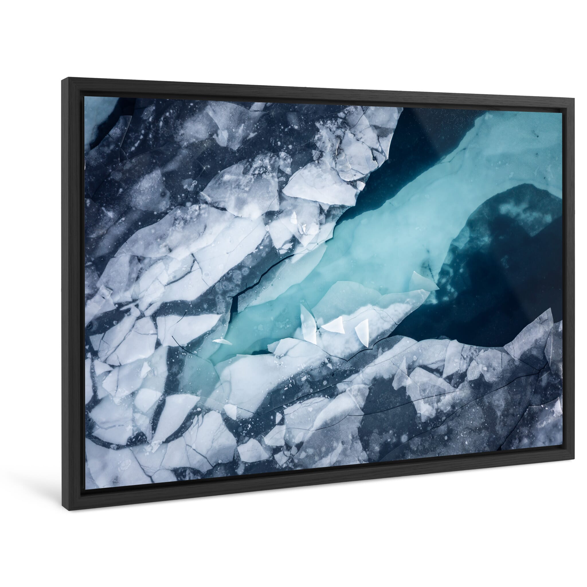 Framed photo print of intricate frozen ice patterns with blue and turquoise hues