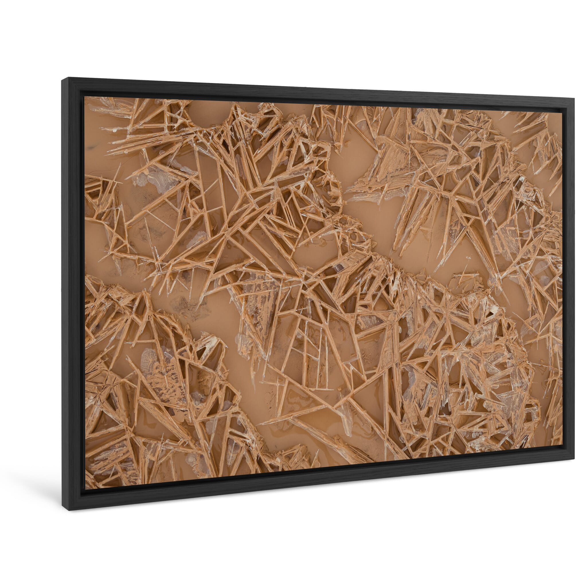 Framed photo print of mineral-rich ground with fine cracks and frost textures