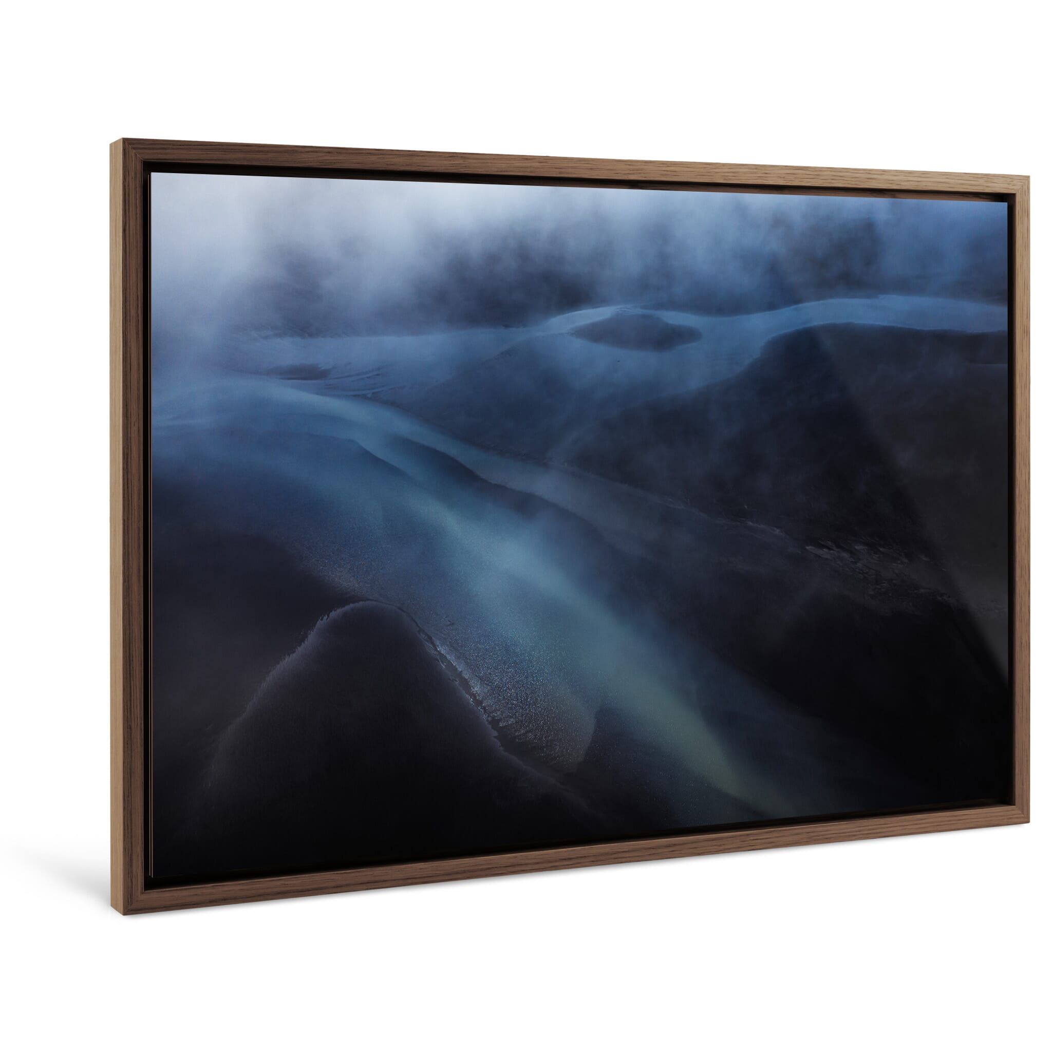 Framed photo print of a dark water flow reflecting a calm yet mysterious atmosphere