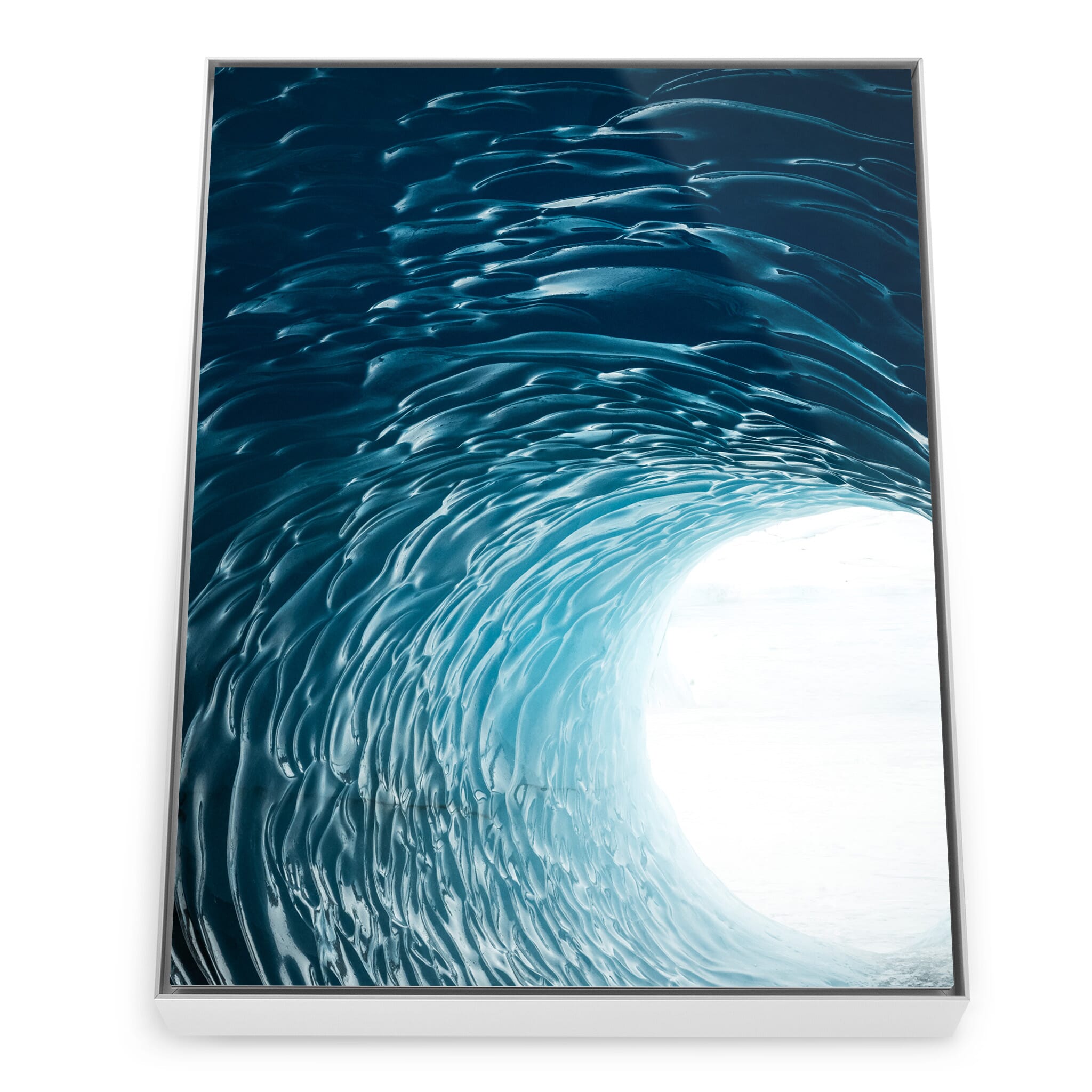 Framed photo print of surreal interior of glacial ice with arched formations