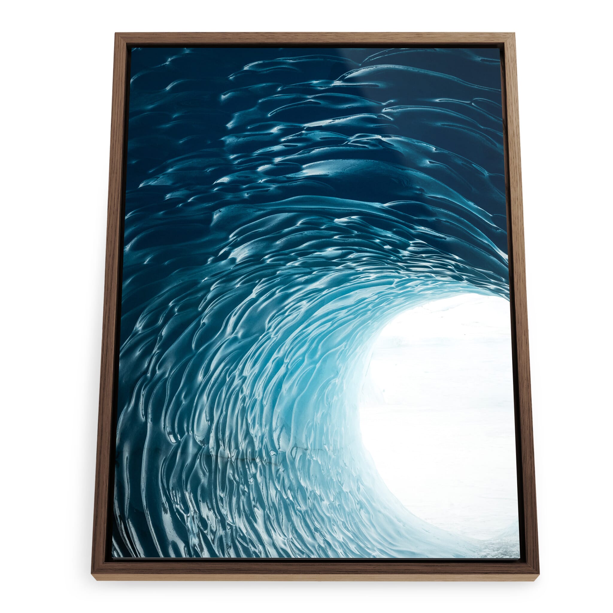 Framed photo print of cathedral-like glacier entrance in vivid blue tones