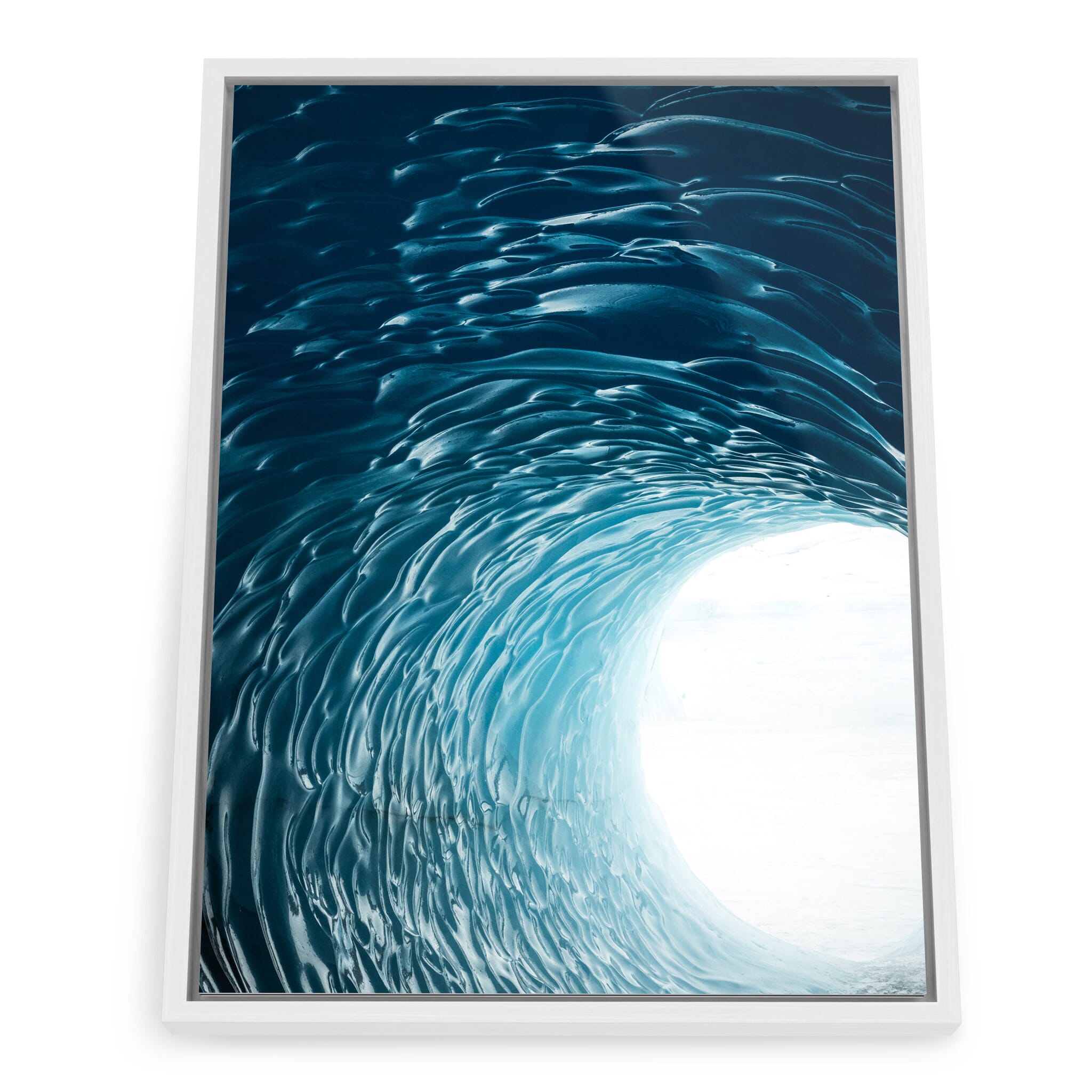 Framed photo print of massive frozen iceberg with walkable ice structures