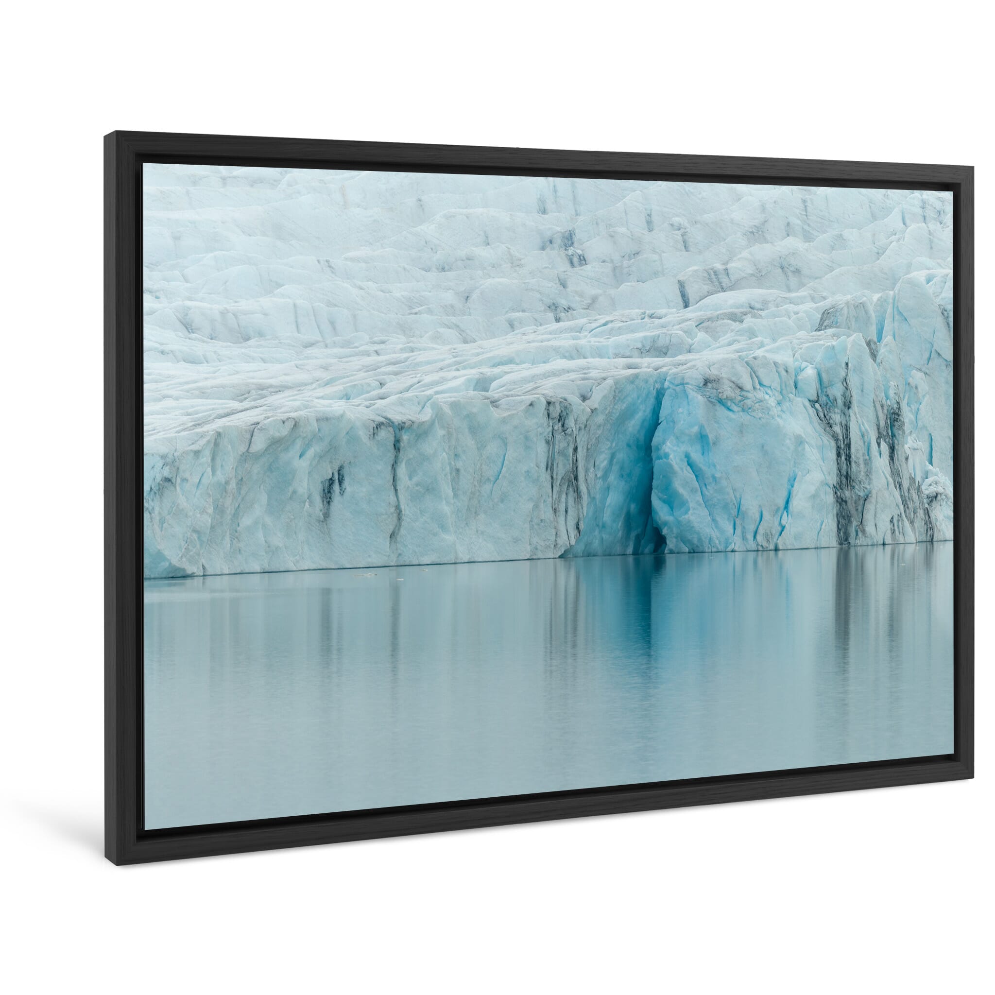 Framed photo print of icy textures and deep crevasses near glacial lake in Iceland