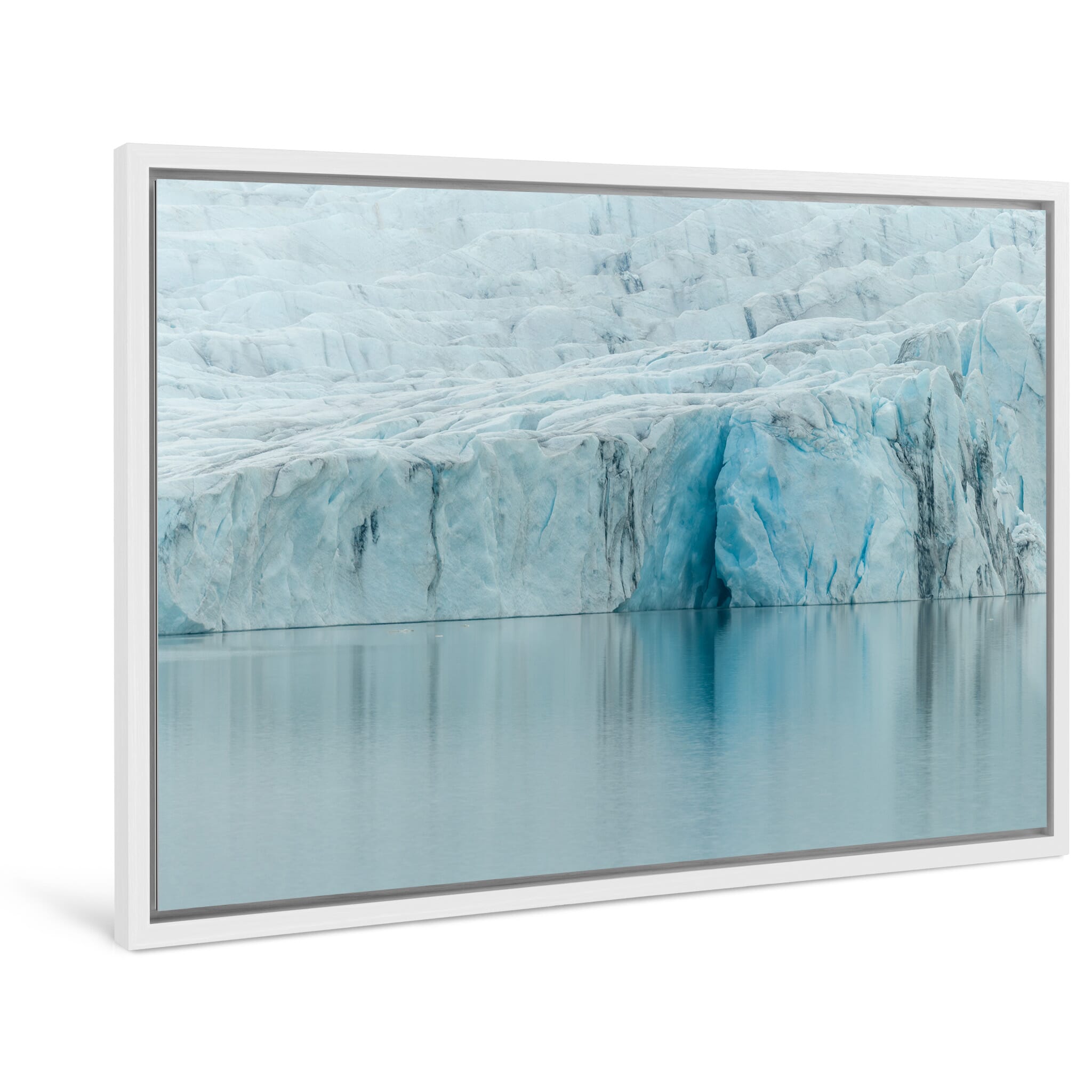 Framed photo print of Fjallsárlón glacier front with layered crevasses and blue ice