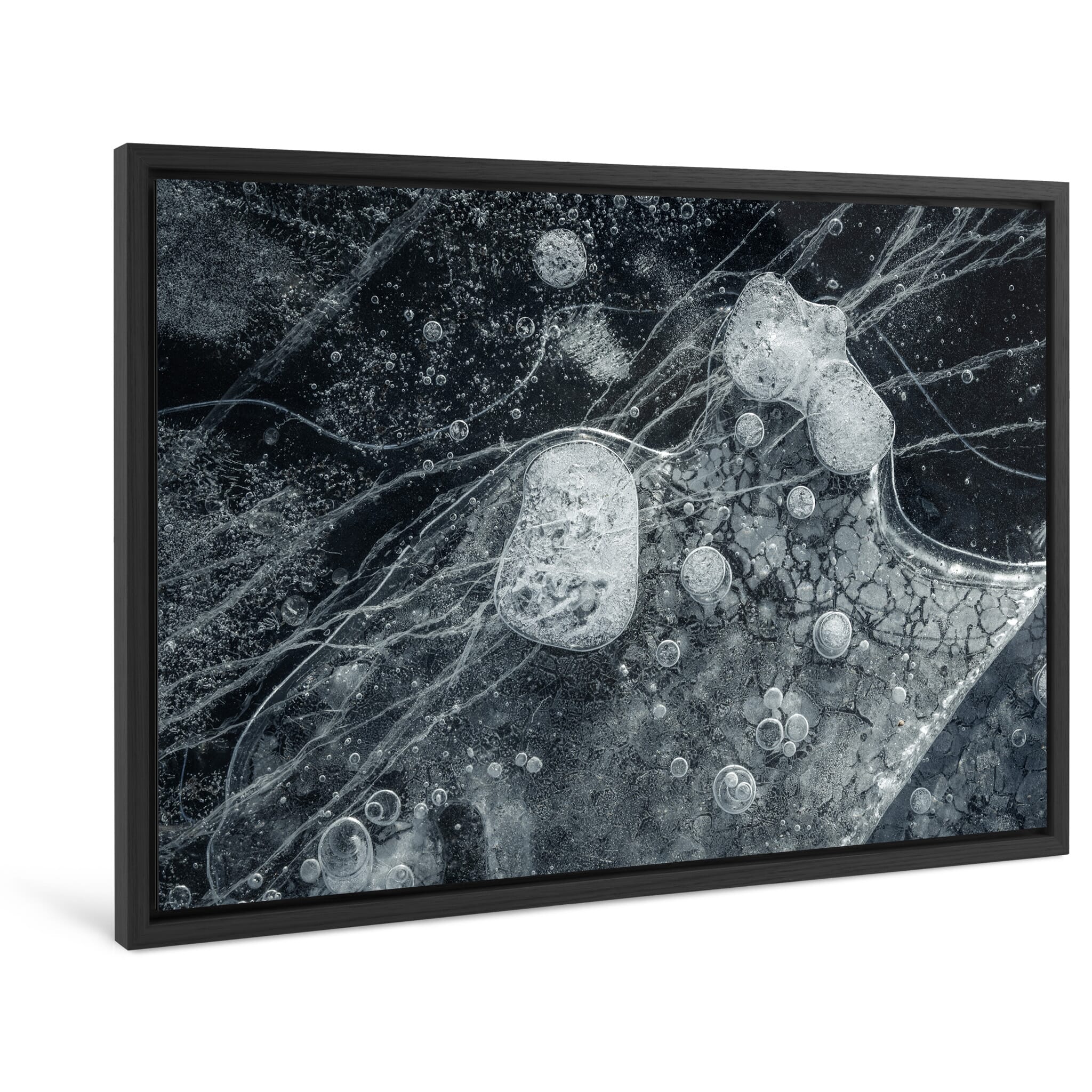 Framed photo print of macro view of ice bubbles and surface cracks beneath glacier in Iceland