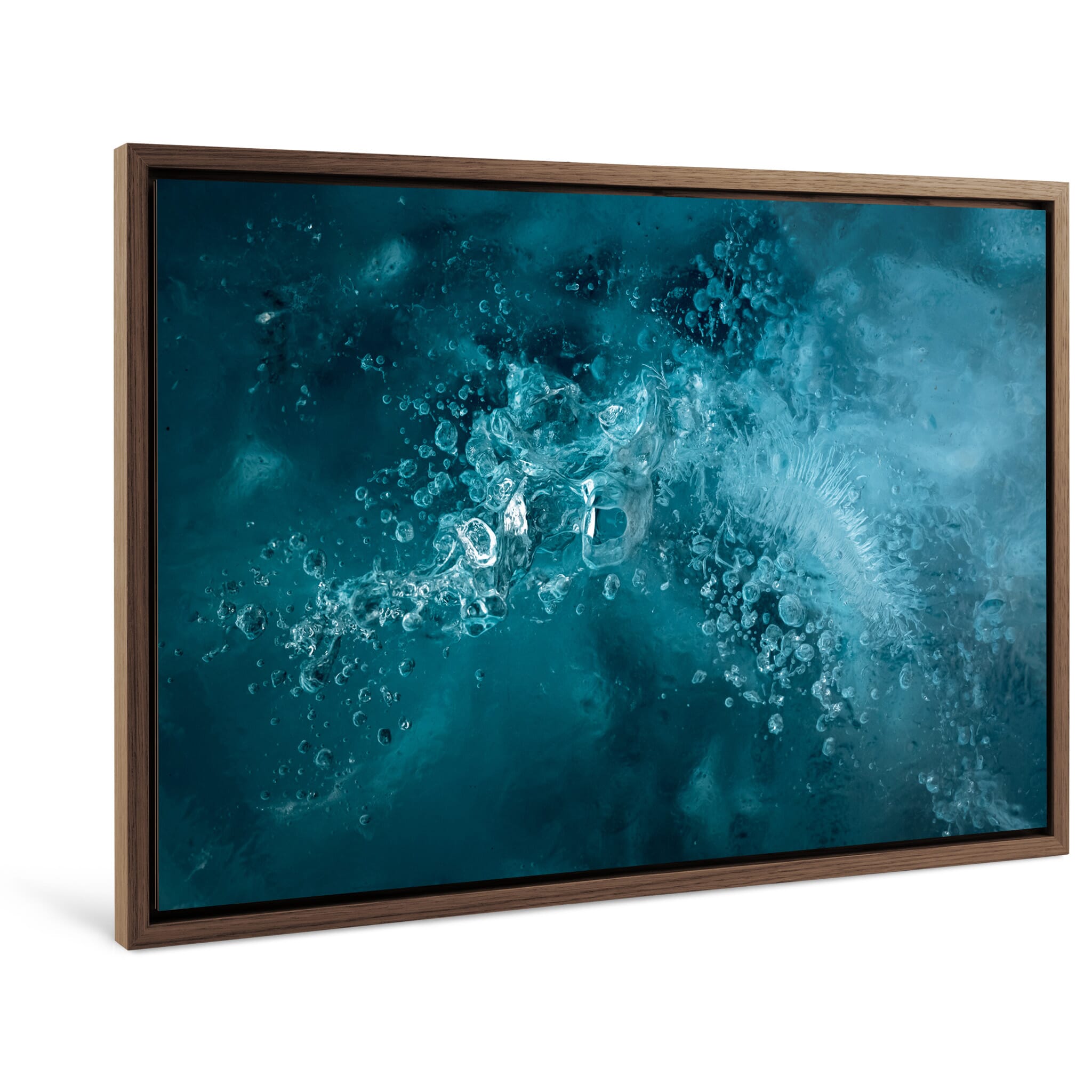Framed photo print of close-up glacier surface with frozen bubbles in blue ice