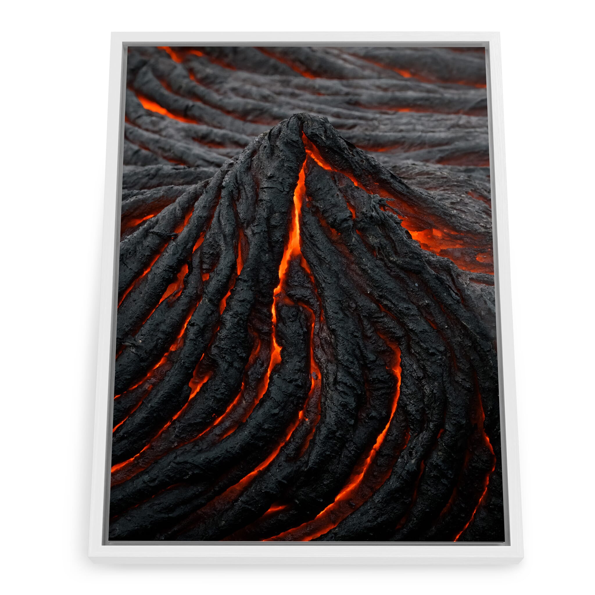 Framed photo print of glowing lava cracks and hardened flow textures