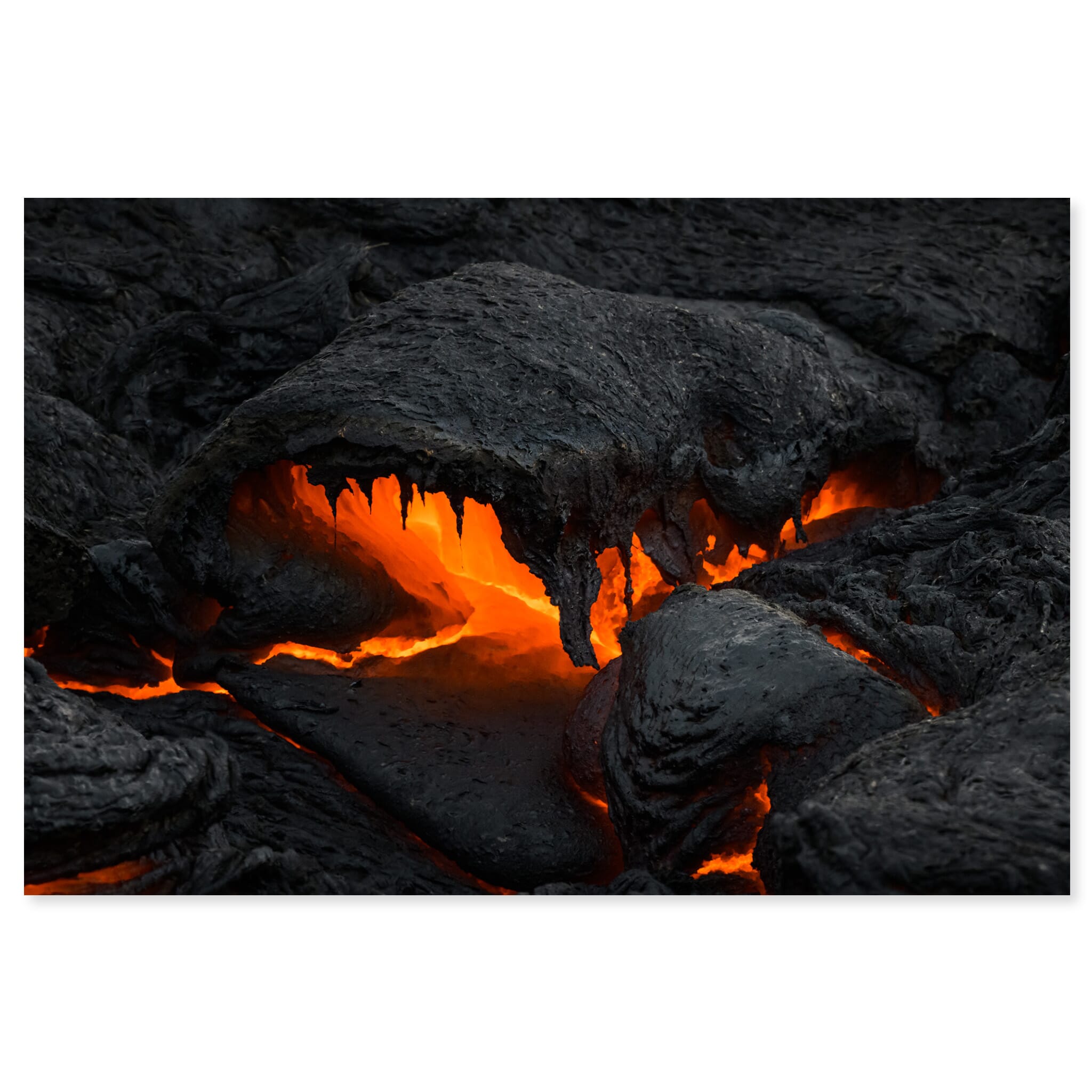Fine art print of a volcanic lava flow in Iceland with glowing textures