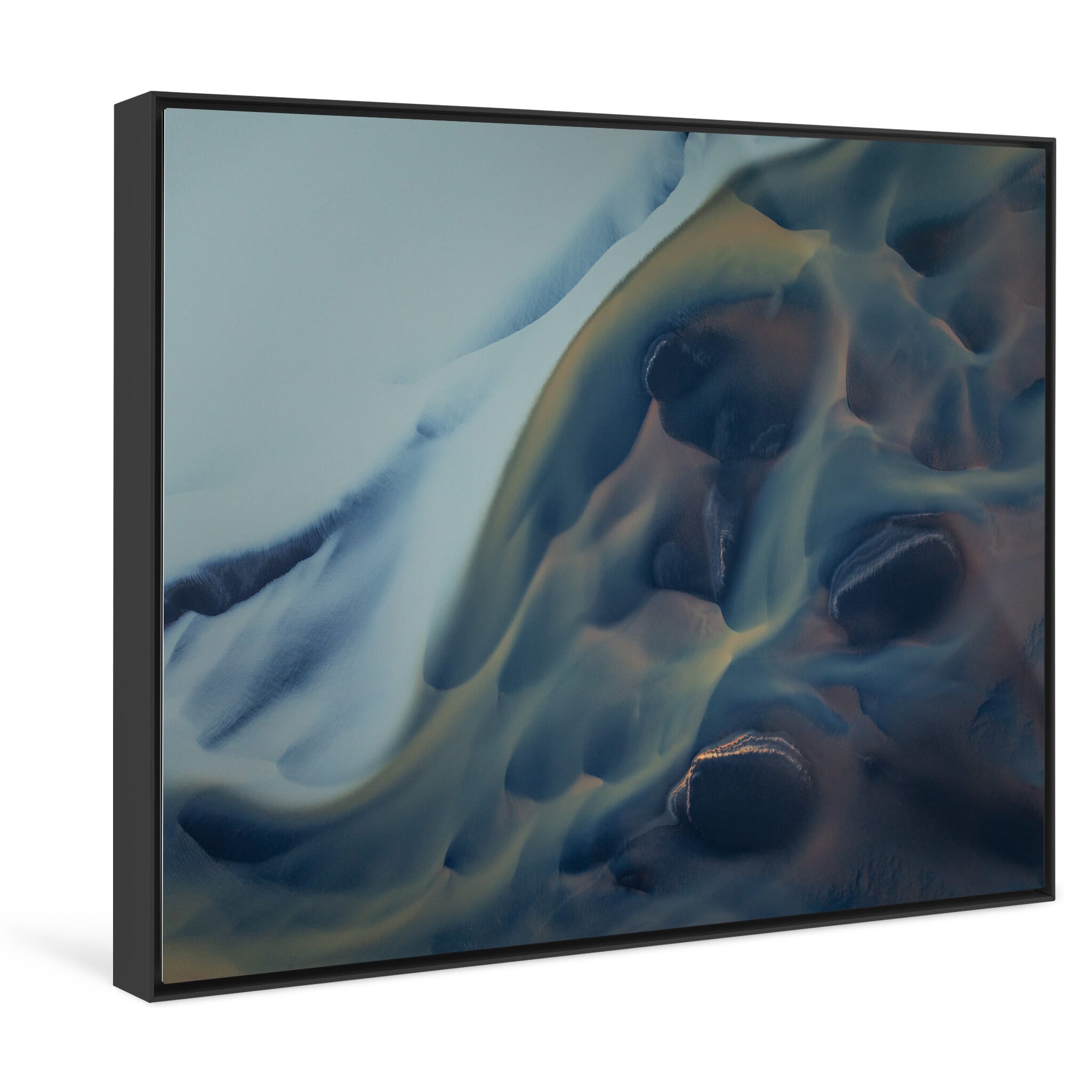 Framed photo print of dynamic river formations shaped by volcanic erosion