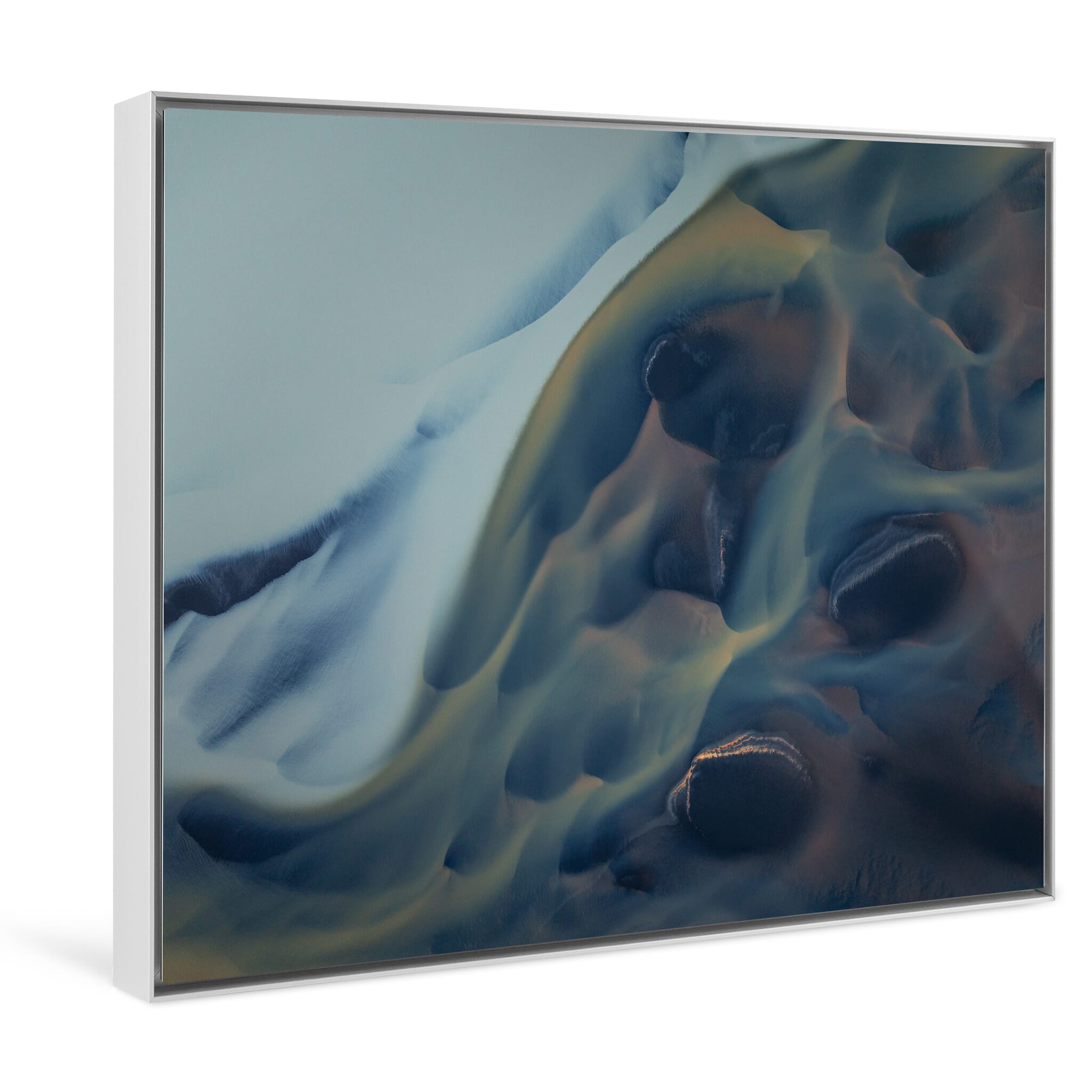 Framed photo print of muted abstract landscape with glacial sediment and minerals