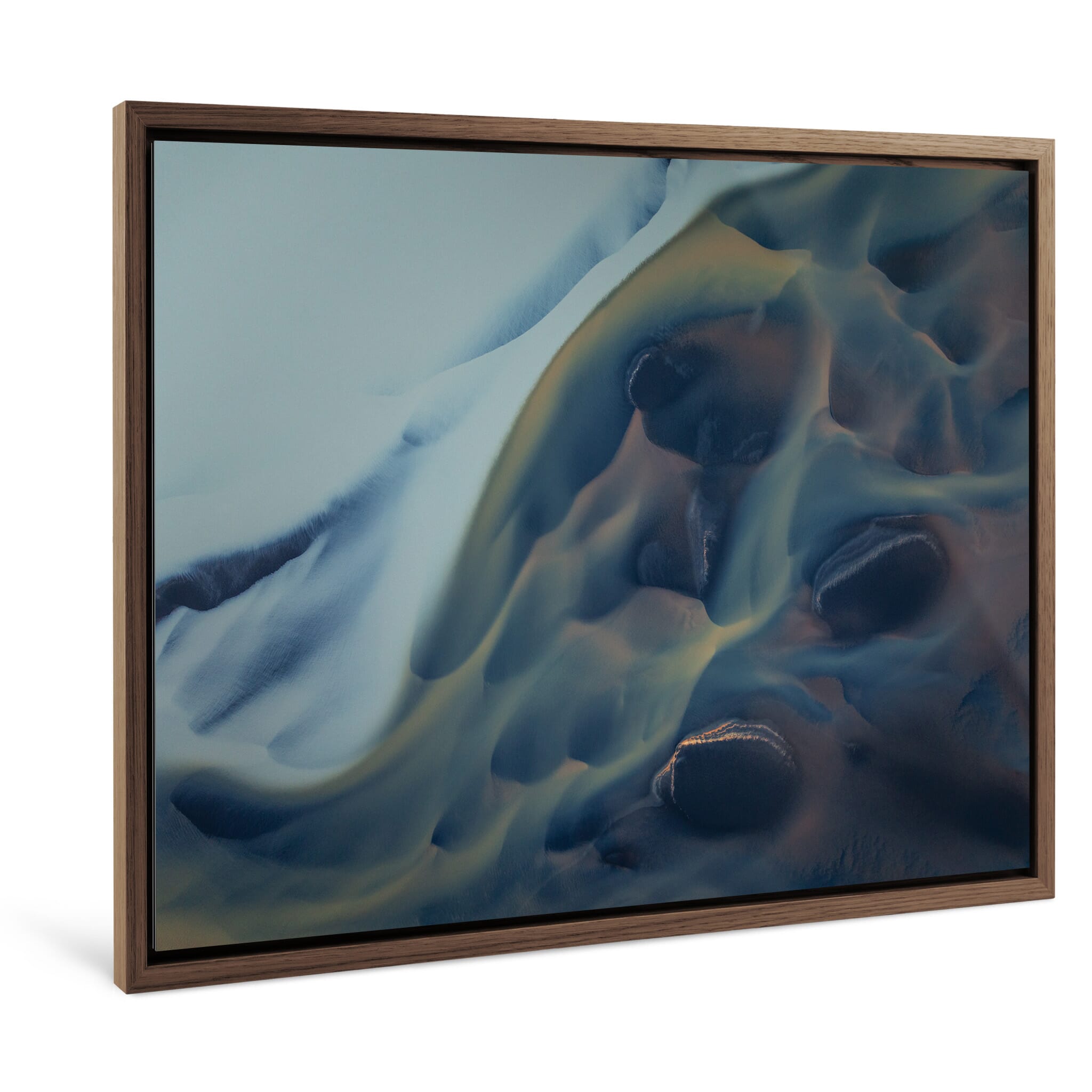 Framed photo print of yellow and white mineral patterns in glacial river delta