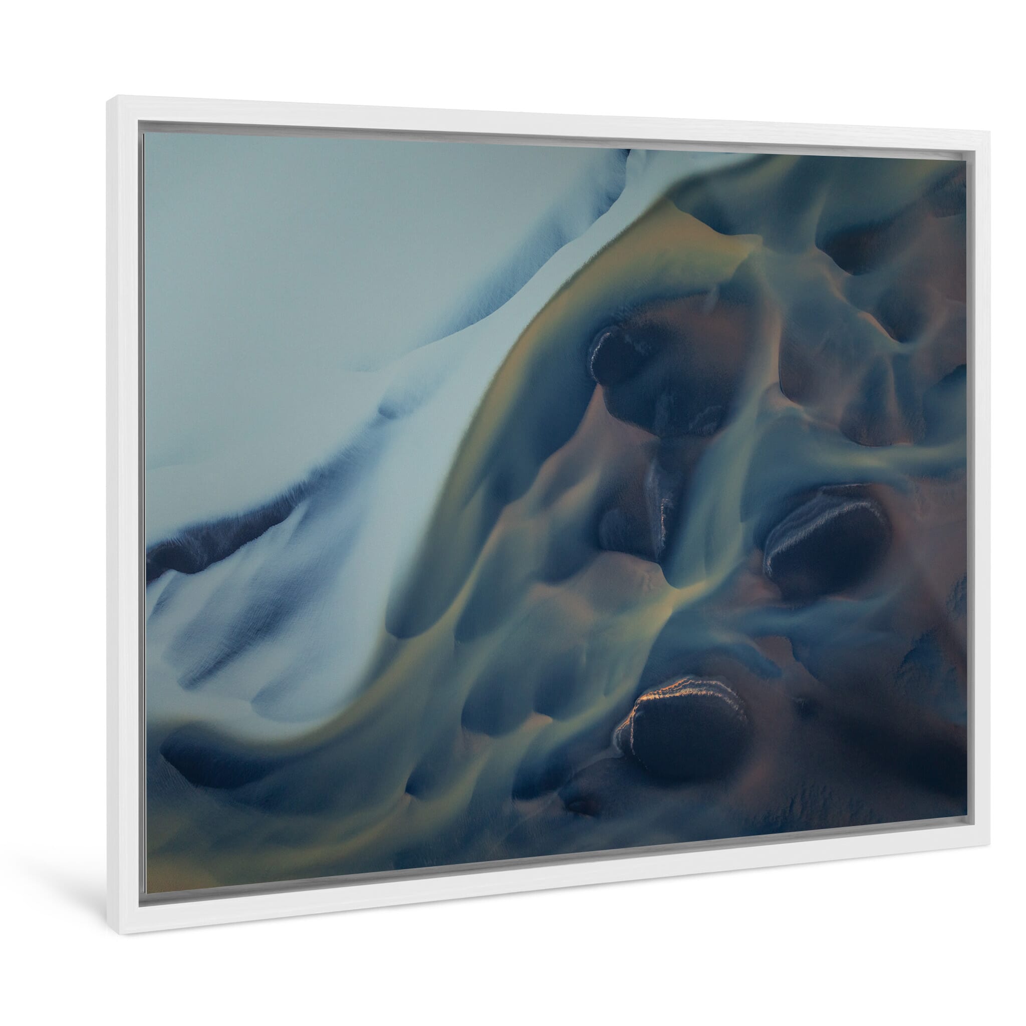 Framed photo print of aerial view of pale glacial currents near the Icelandic coast