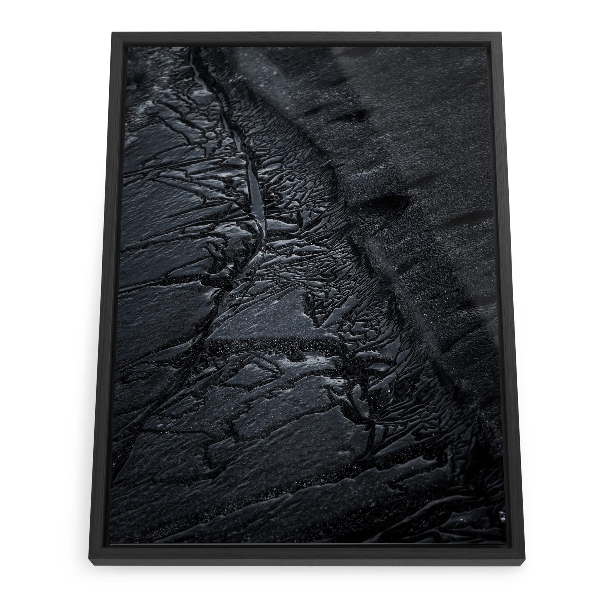 Framed photo print of abstract ice floes on a half-frozen Icelandic lake