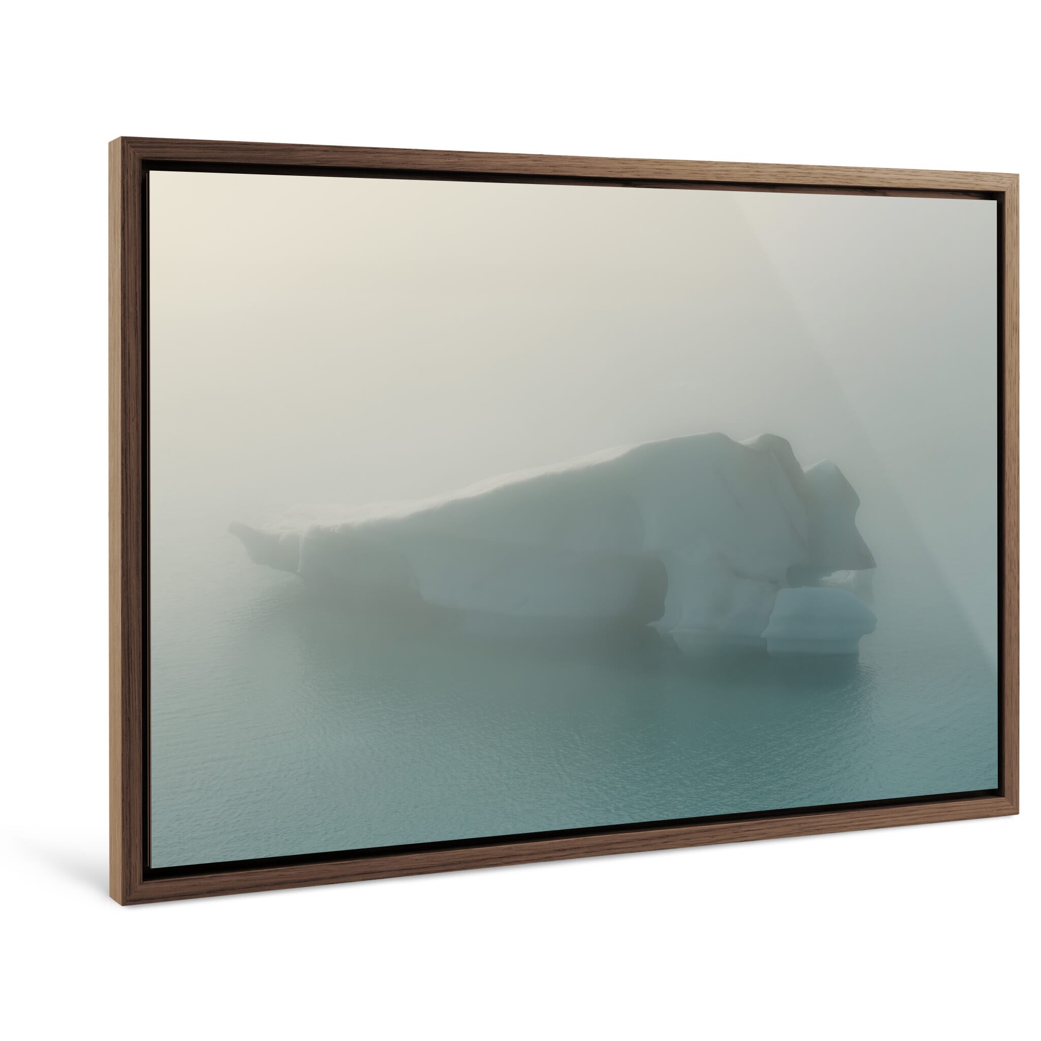 Framed photo print of blue-toned iceberg under soft golden haze