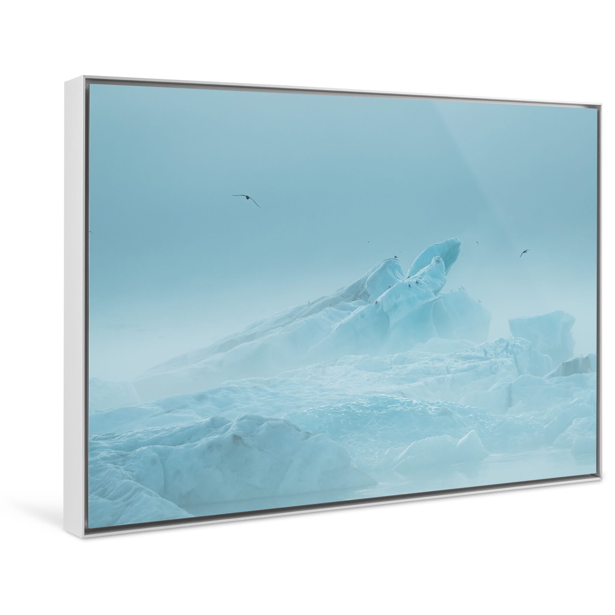 Framed photo print of peaceful glacier lagoon in Iceland under fog and subdued light