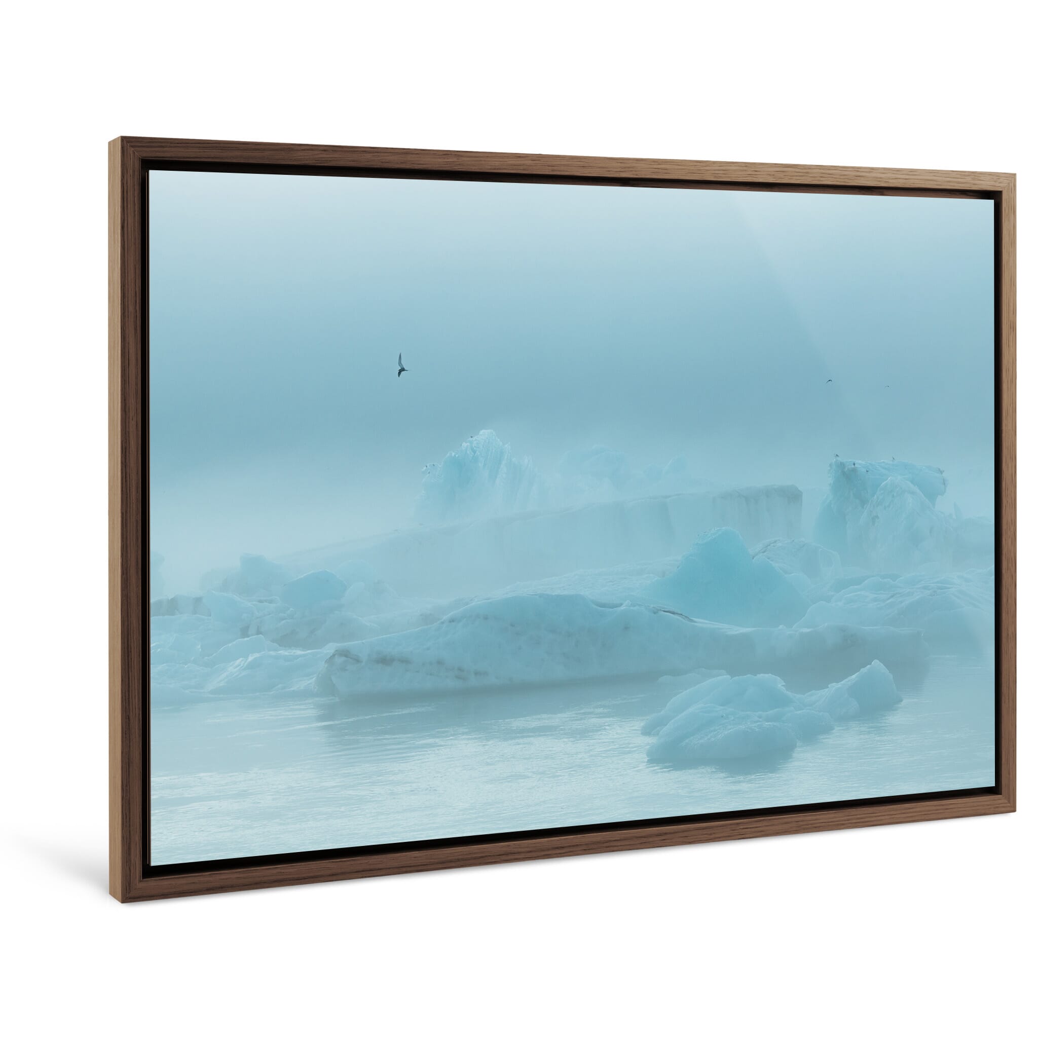 Framed photo print of Icelandic glacier lagoon in soft light and dense fog