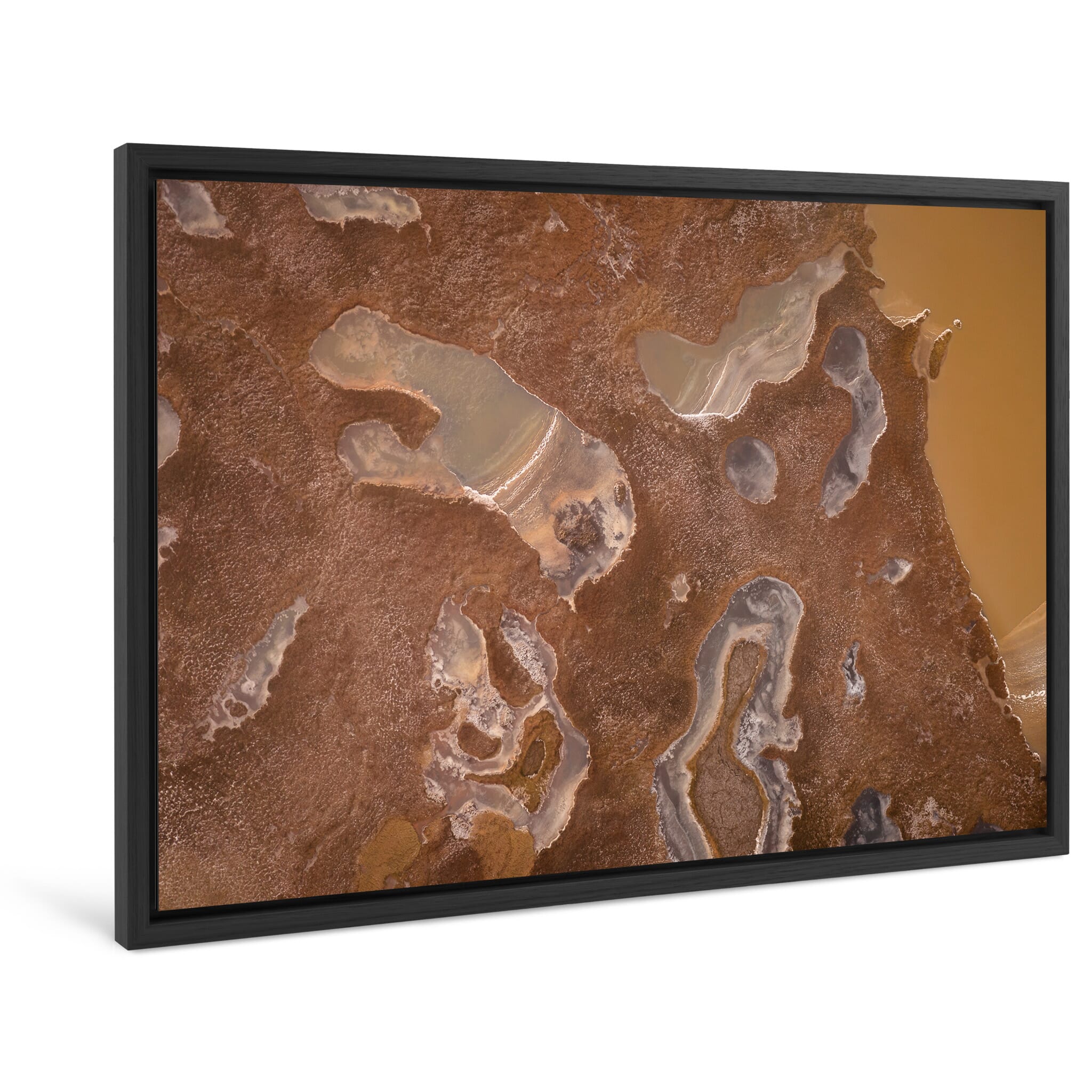 Framed photo print of colorful ice-covered ponds shaped by early frost