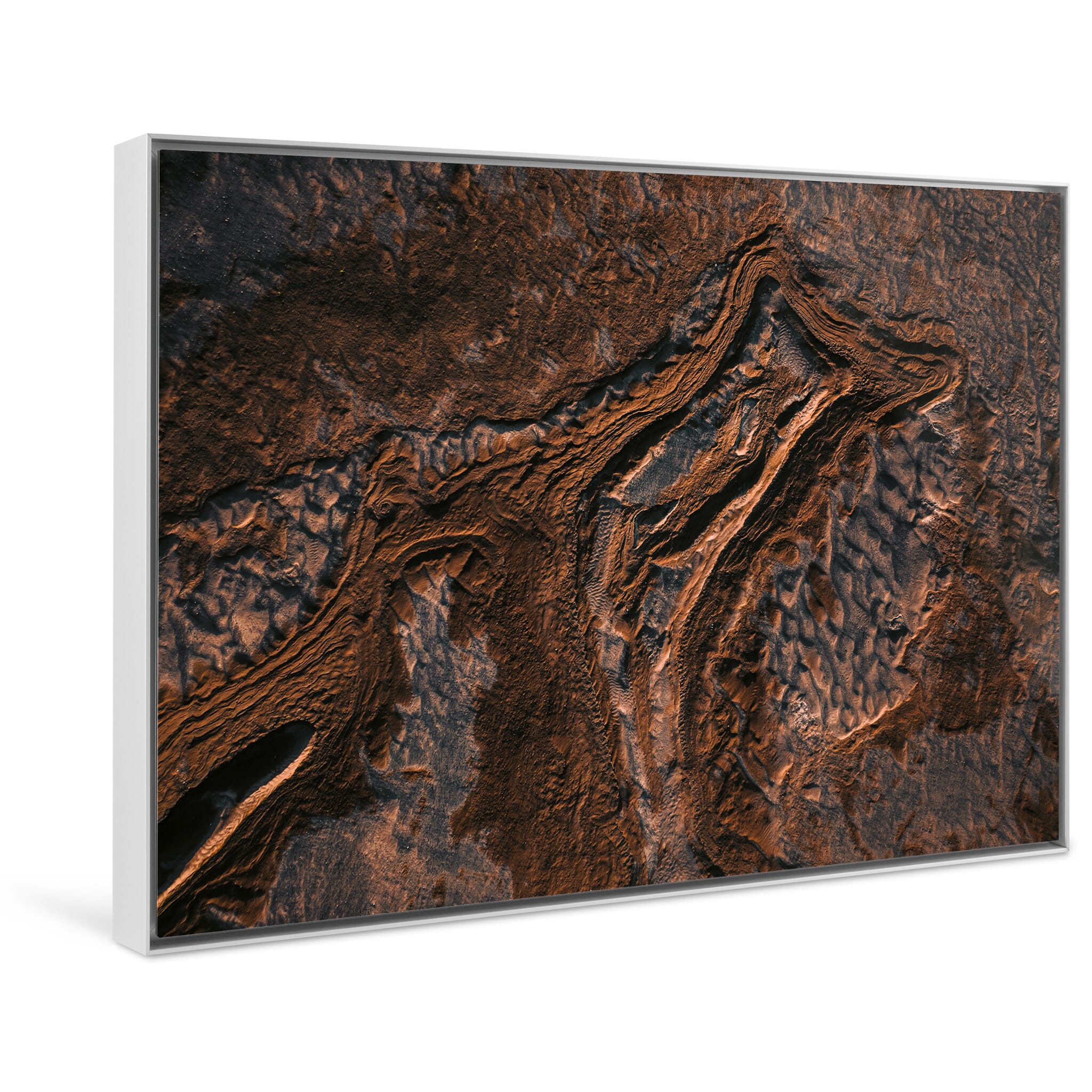 Framed photo print of aerial erosion textures shaped by glacial retreat and natural forces