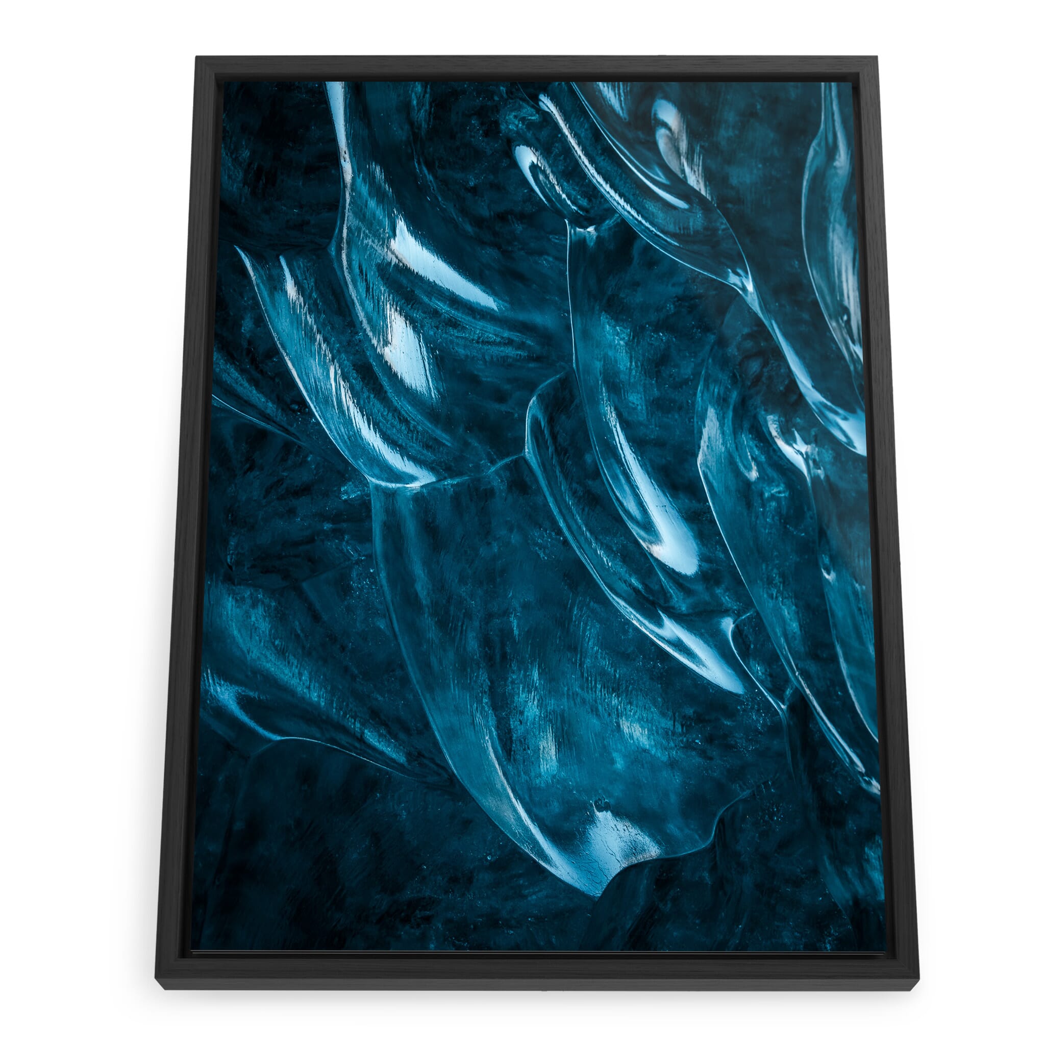 Framed photo print of glacial textures with deep blue tones