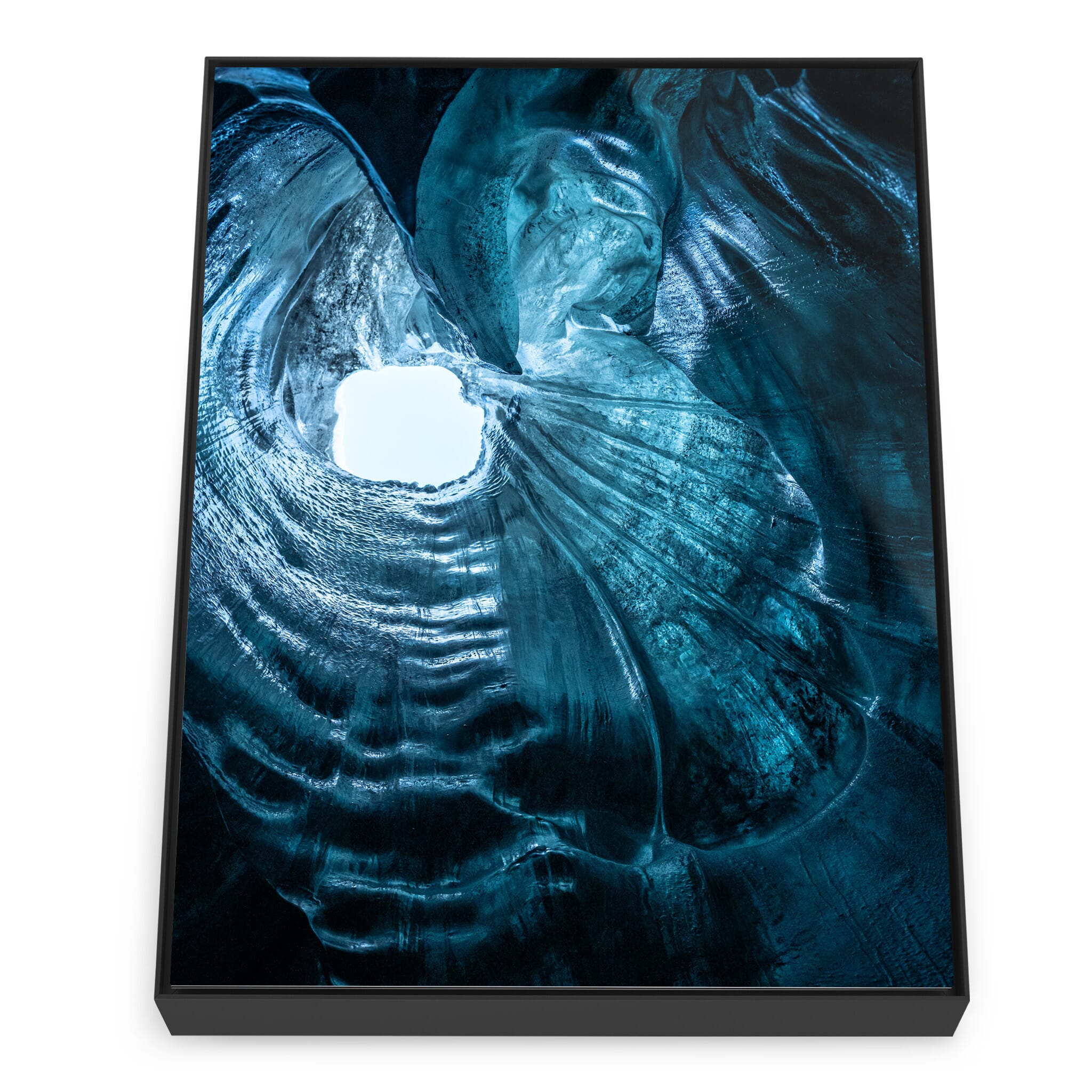 Framed photo print of Breiðamerkurjökull ice cave showing deep crevasses and glowing walls