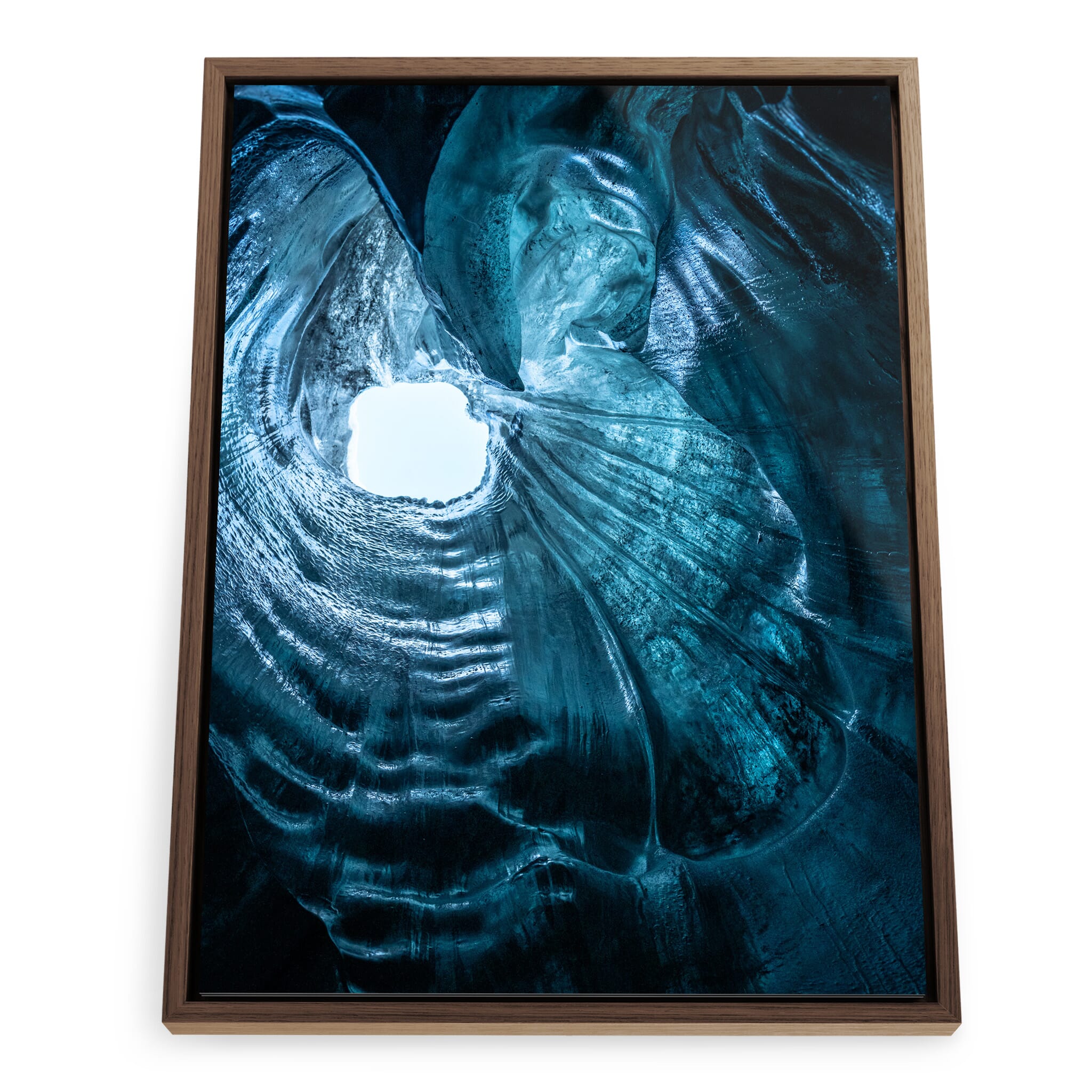 Framed photo print of rich blue glacier ice with smooth and angular forms