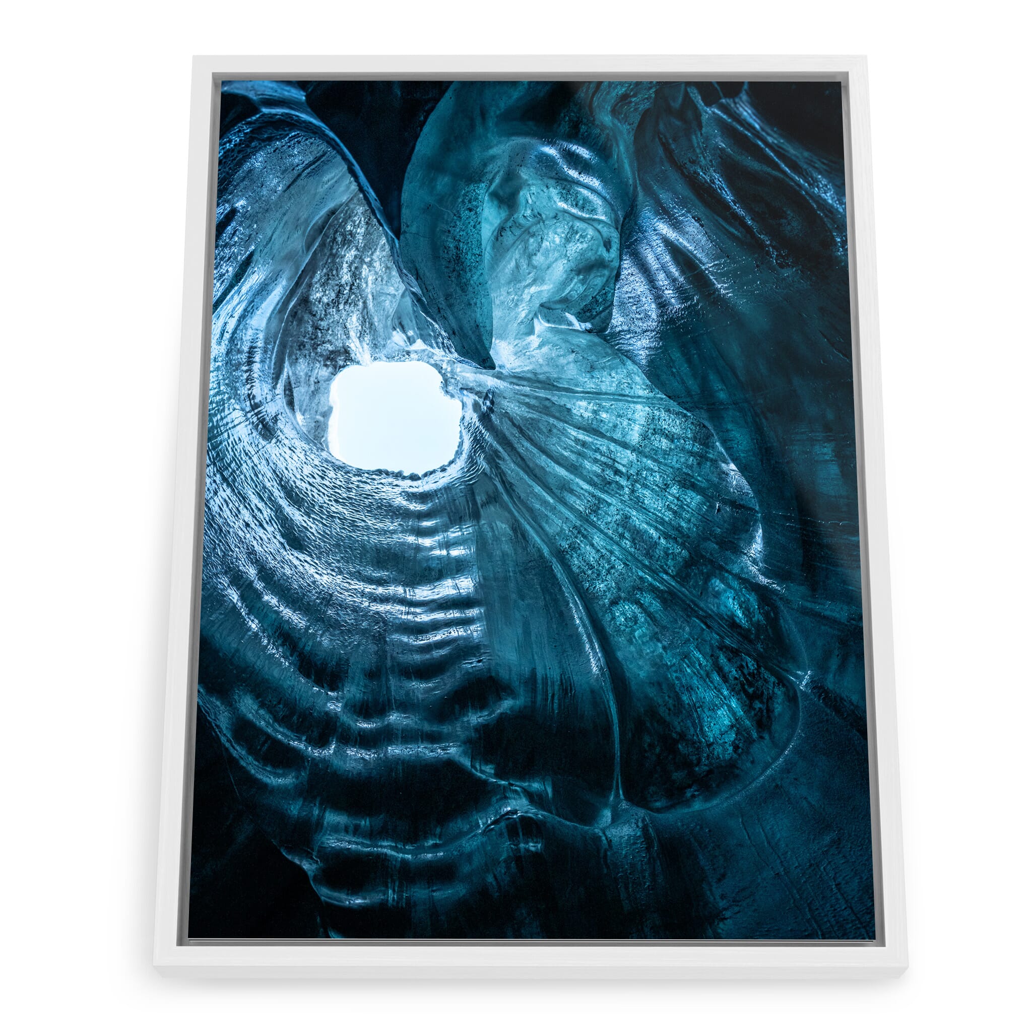 Framed photo print of Breiðamerkurjökull glacier cave with layered blue and white textures