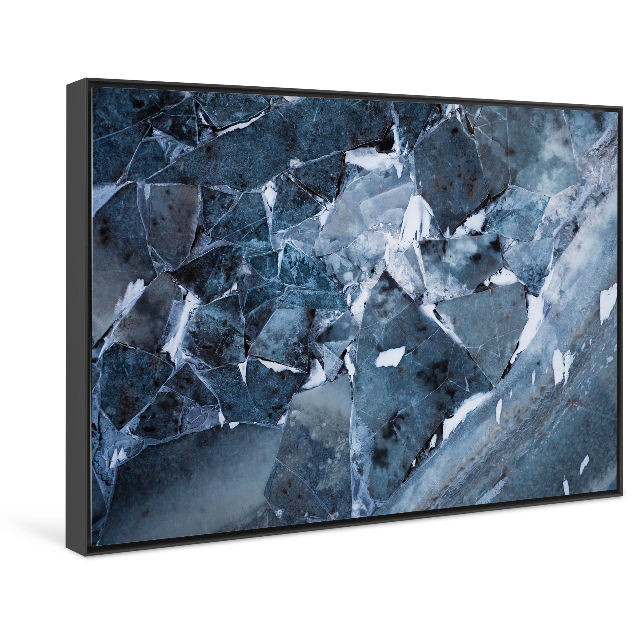 Framed photo print of Icelandic river ice resembling puzzle shapes from above