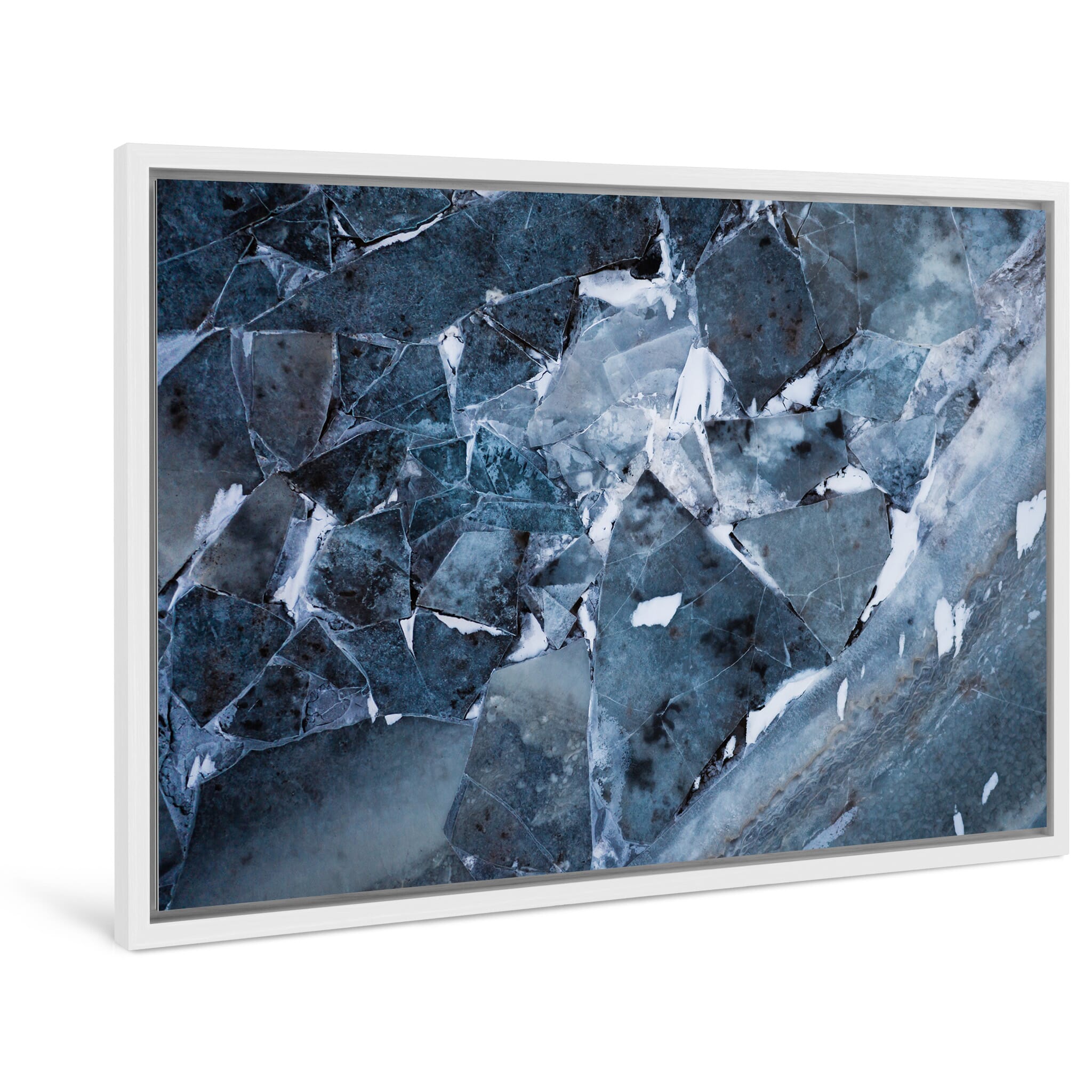 Framed photo print of aerial view of Icelandic river ice with puzzle-like winter textures