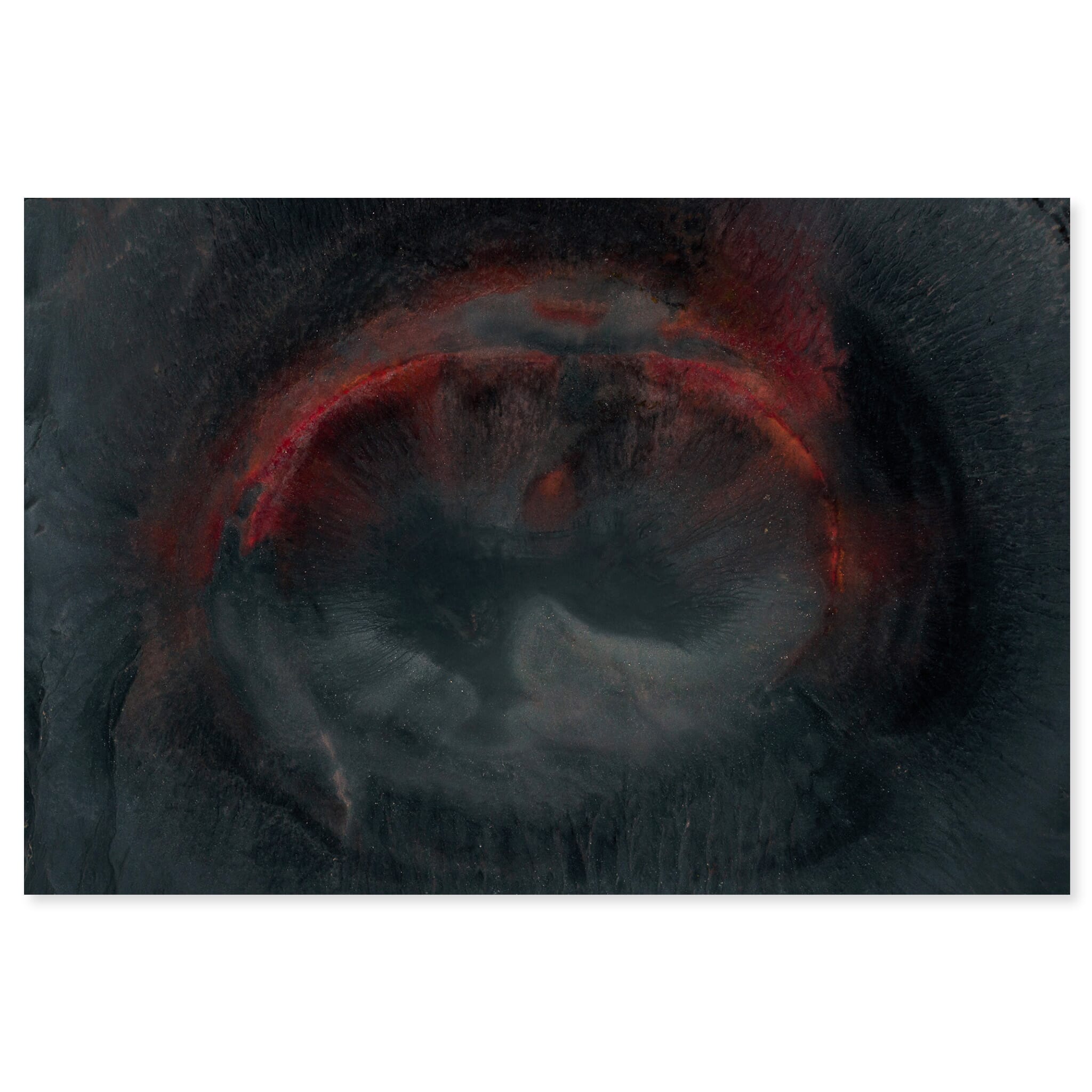 Fine art print of an aerial volcano crater in Iceland with wet sand and red rock