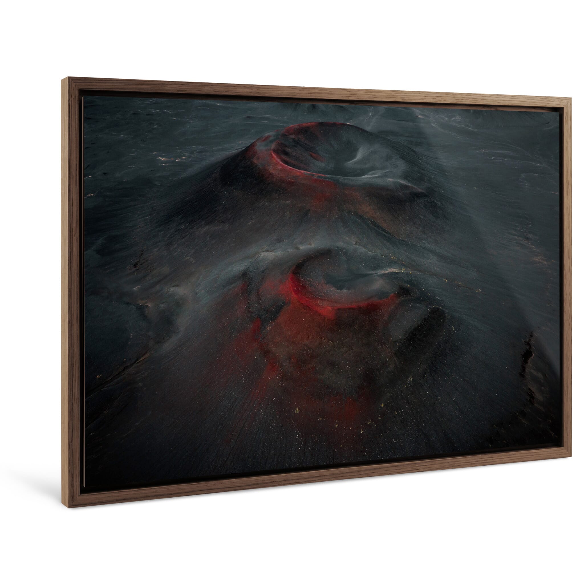 Framed photo print of contrasting wet sand and red rock in a crater landscape
