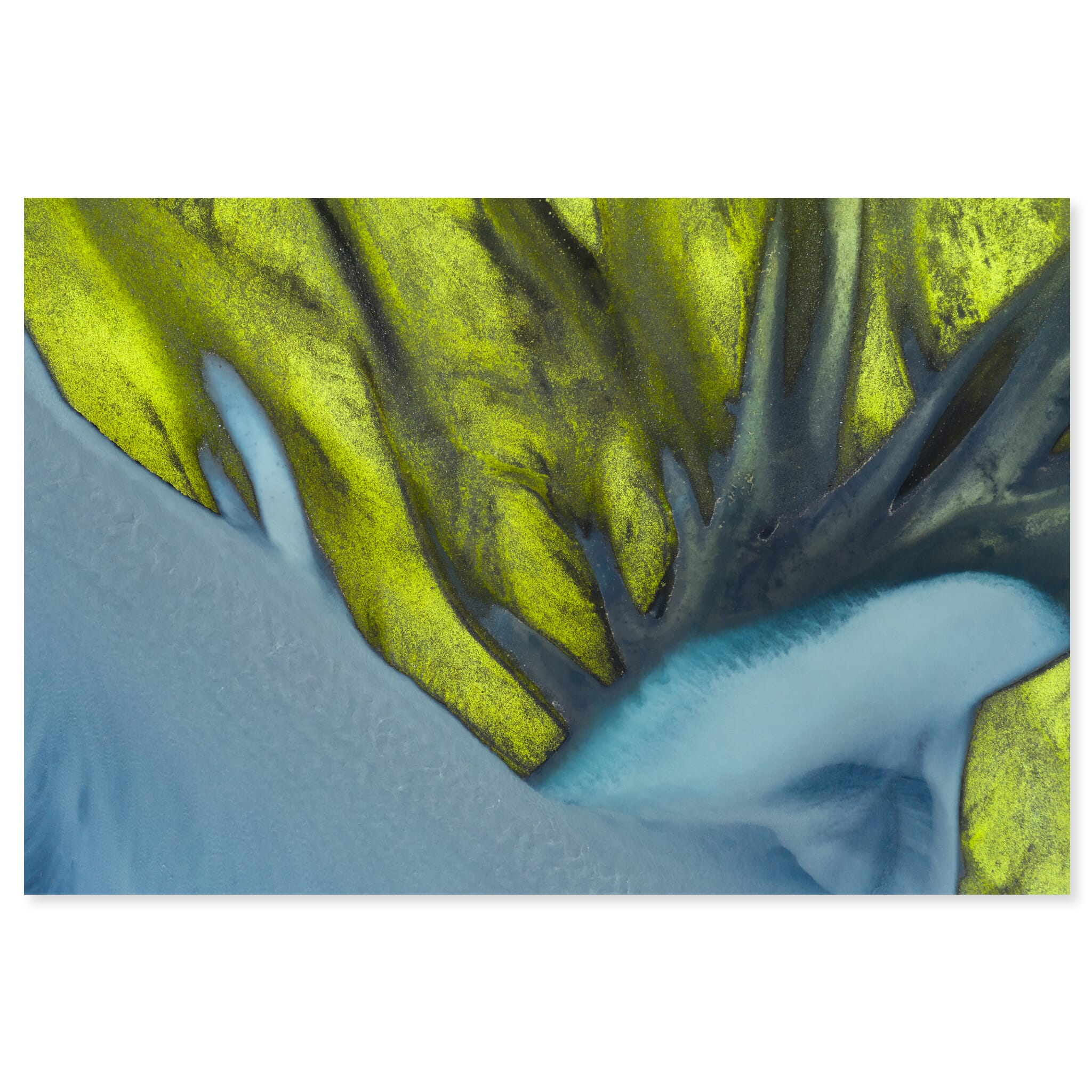 Fine art print of neon green moss meeting a glacier river in Iceland from an aerial view