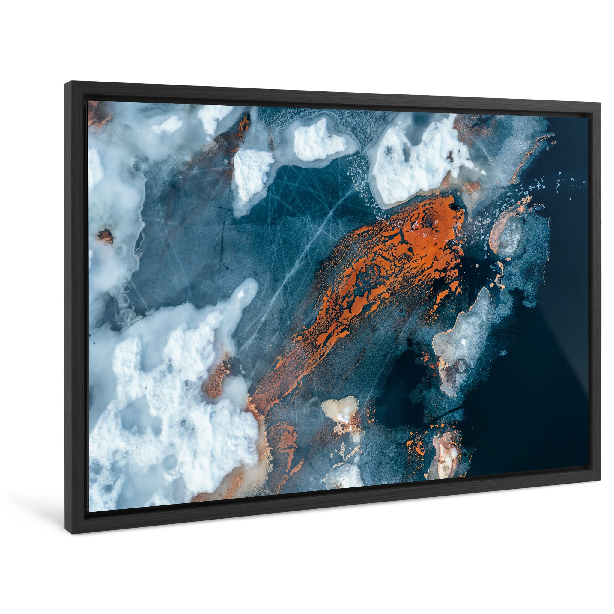 Framed photo print of vivid natural patterns resembling koi fish shapes from above