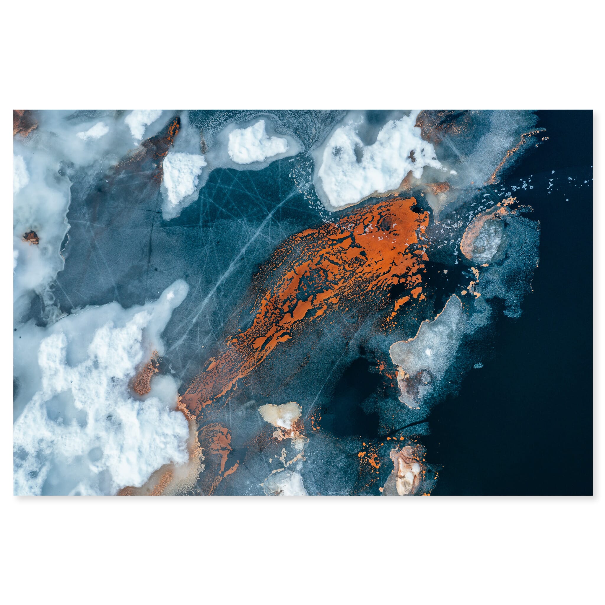 Fine art print of abstract aerial view of lake surface with snow and pollen in Norway