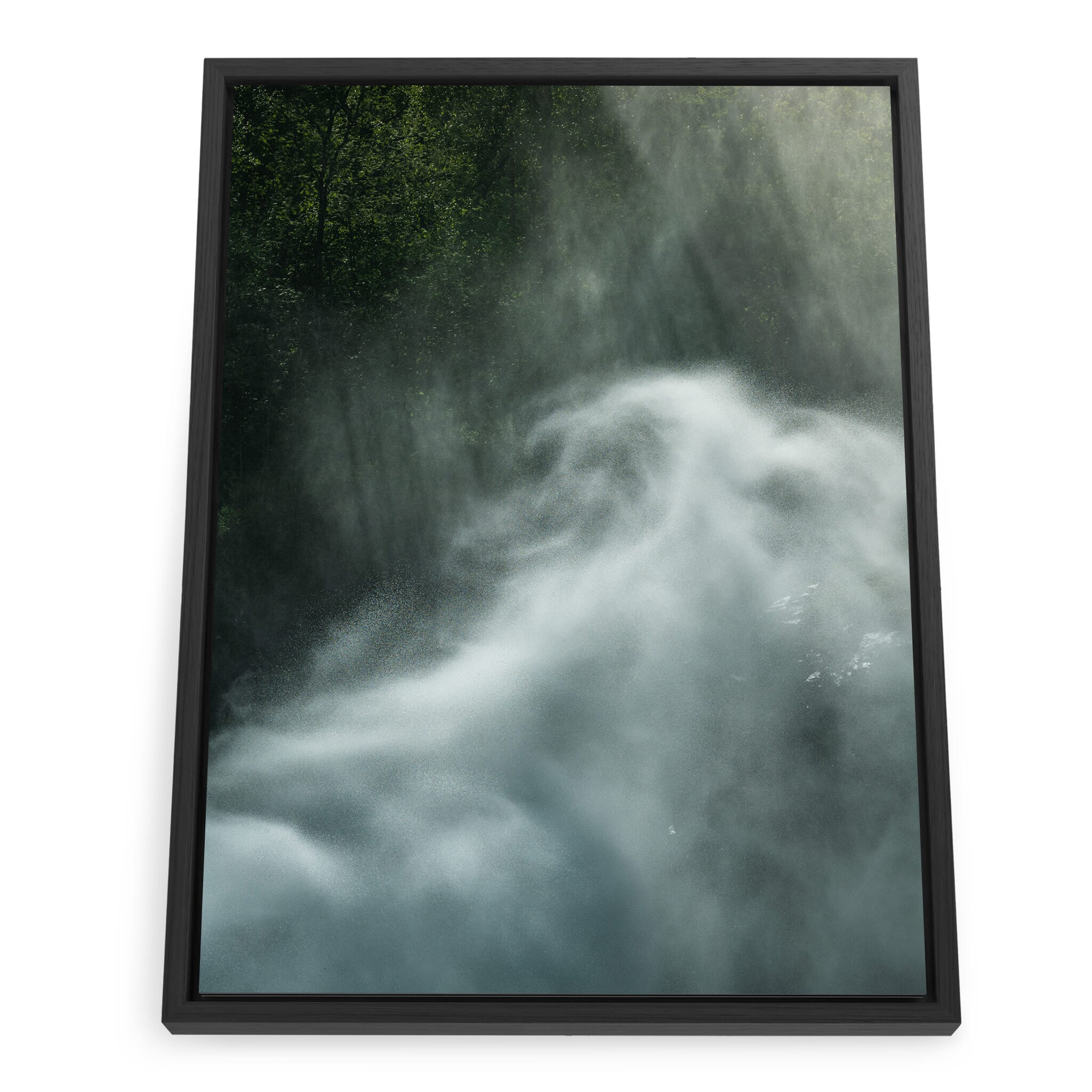 Framed photo print of cascading twin waterfall surrounded by rugged cliffs