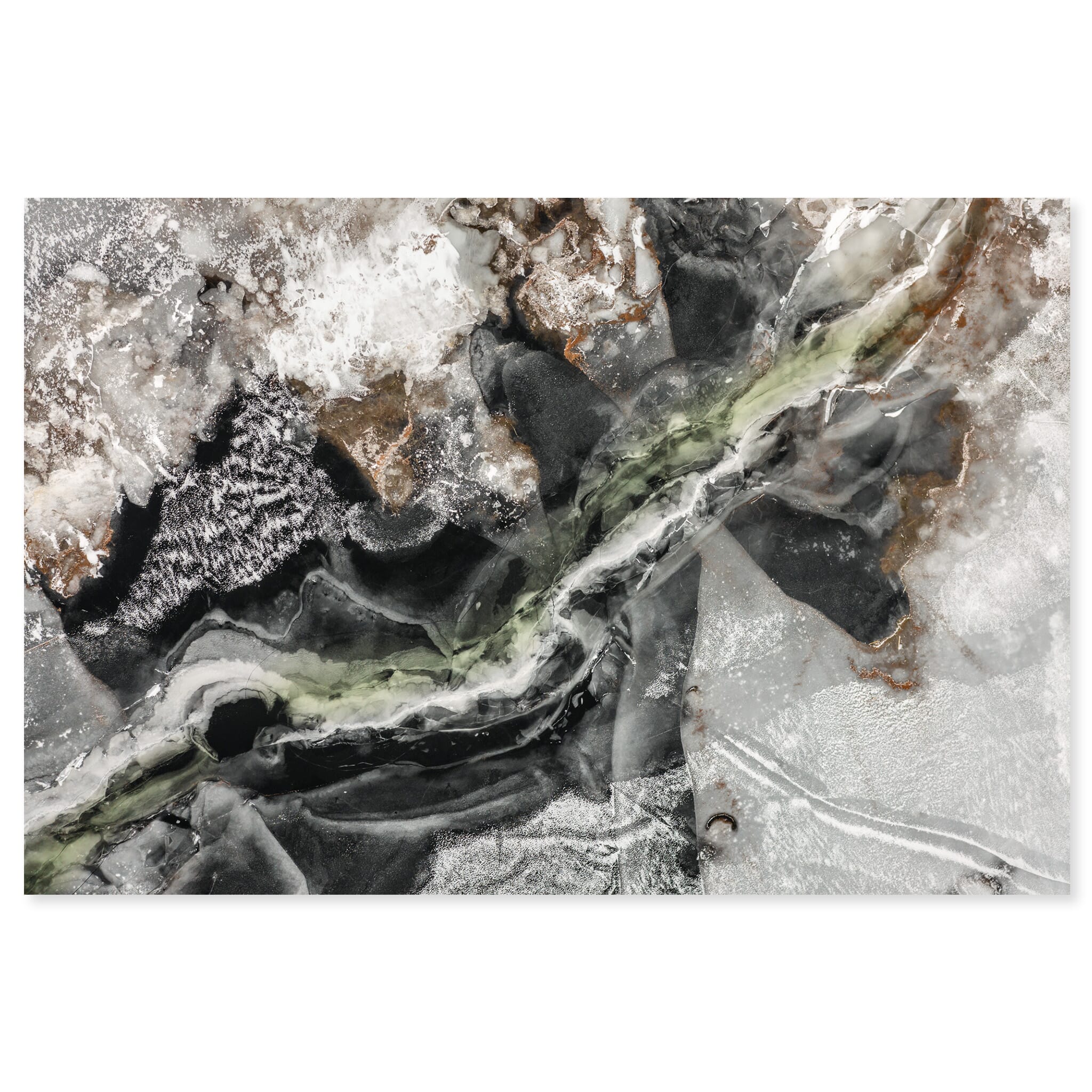 Fine art print of colorful ice streams forming abstract patterns on a frozen lake in Norway
