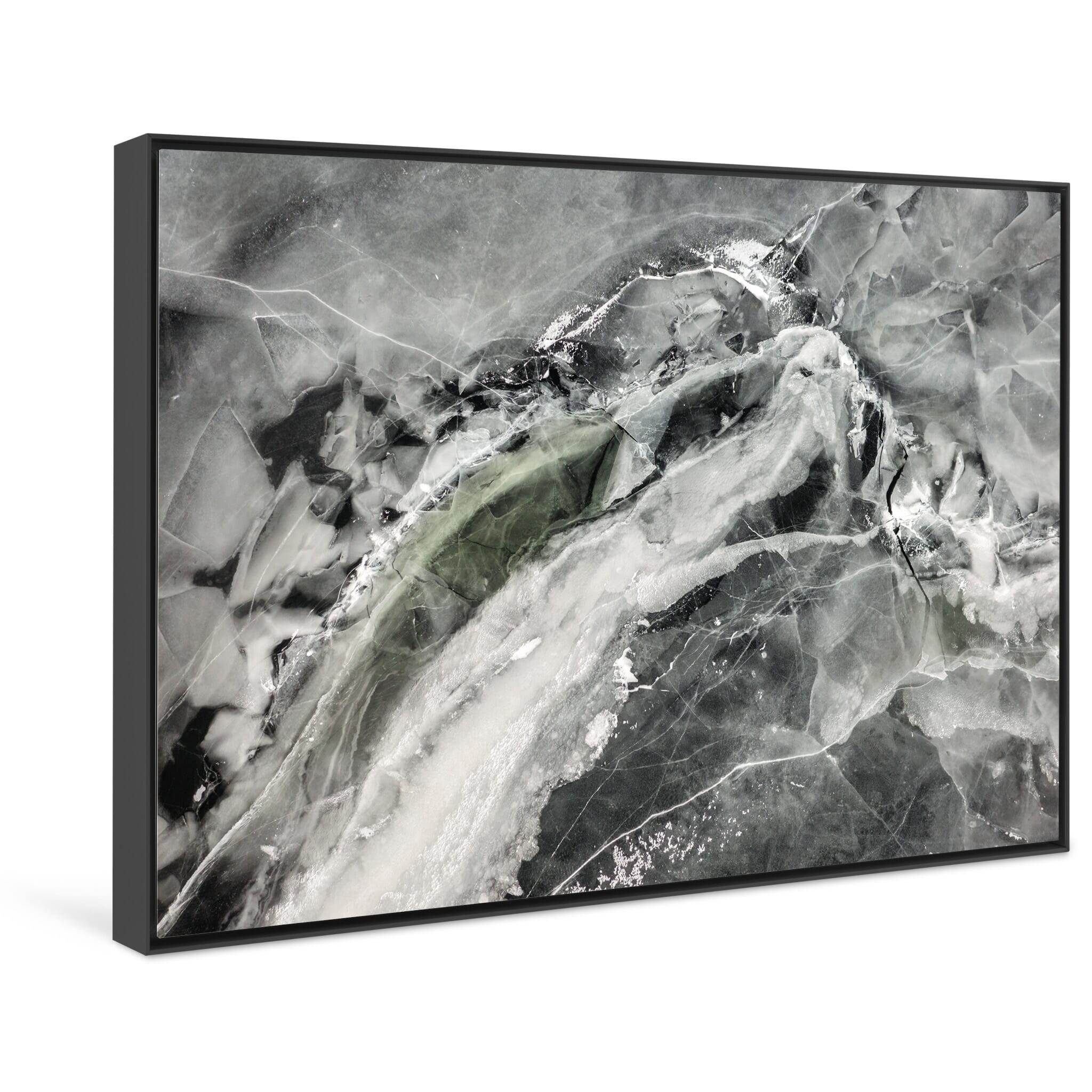 Framed photo print of complex ice textures and colorful streams in winter landscape