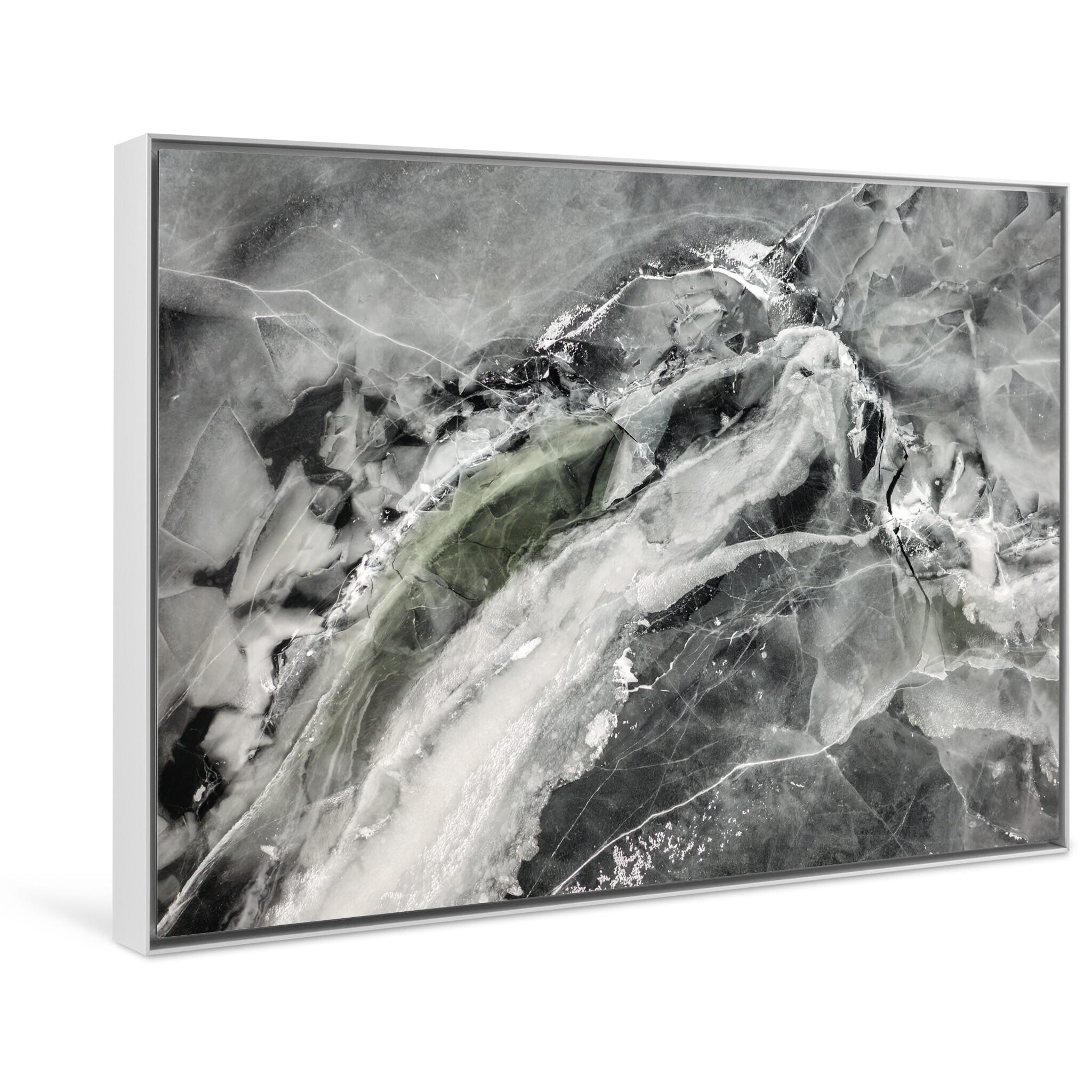 Framed photo print of naturally chaotic patterns on frozen lake with vibrant colors in Norway
