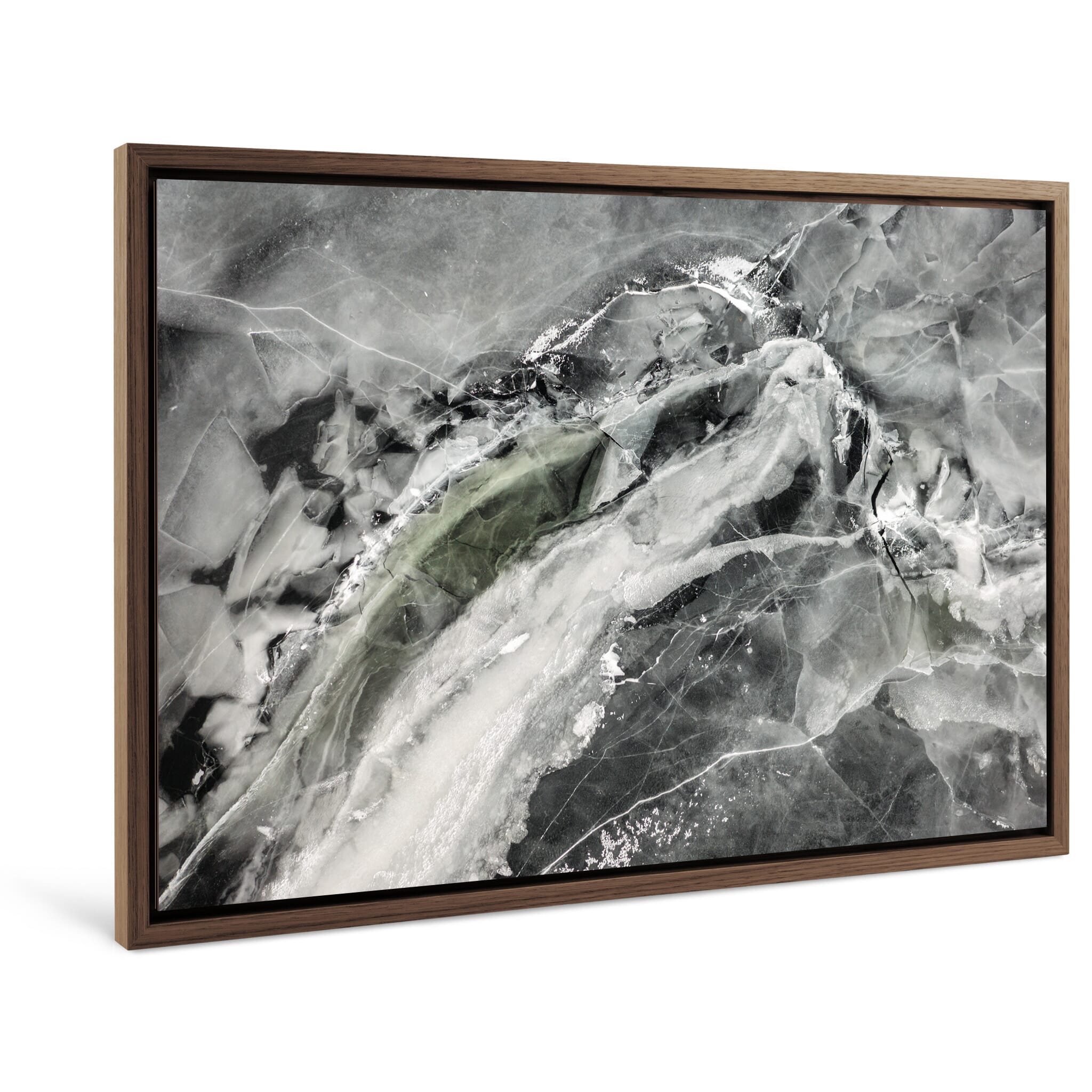 Framed photo print of abstract frozen lake with swirling green, blue, and brown tones