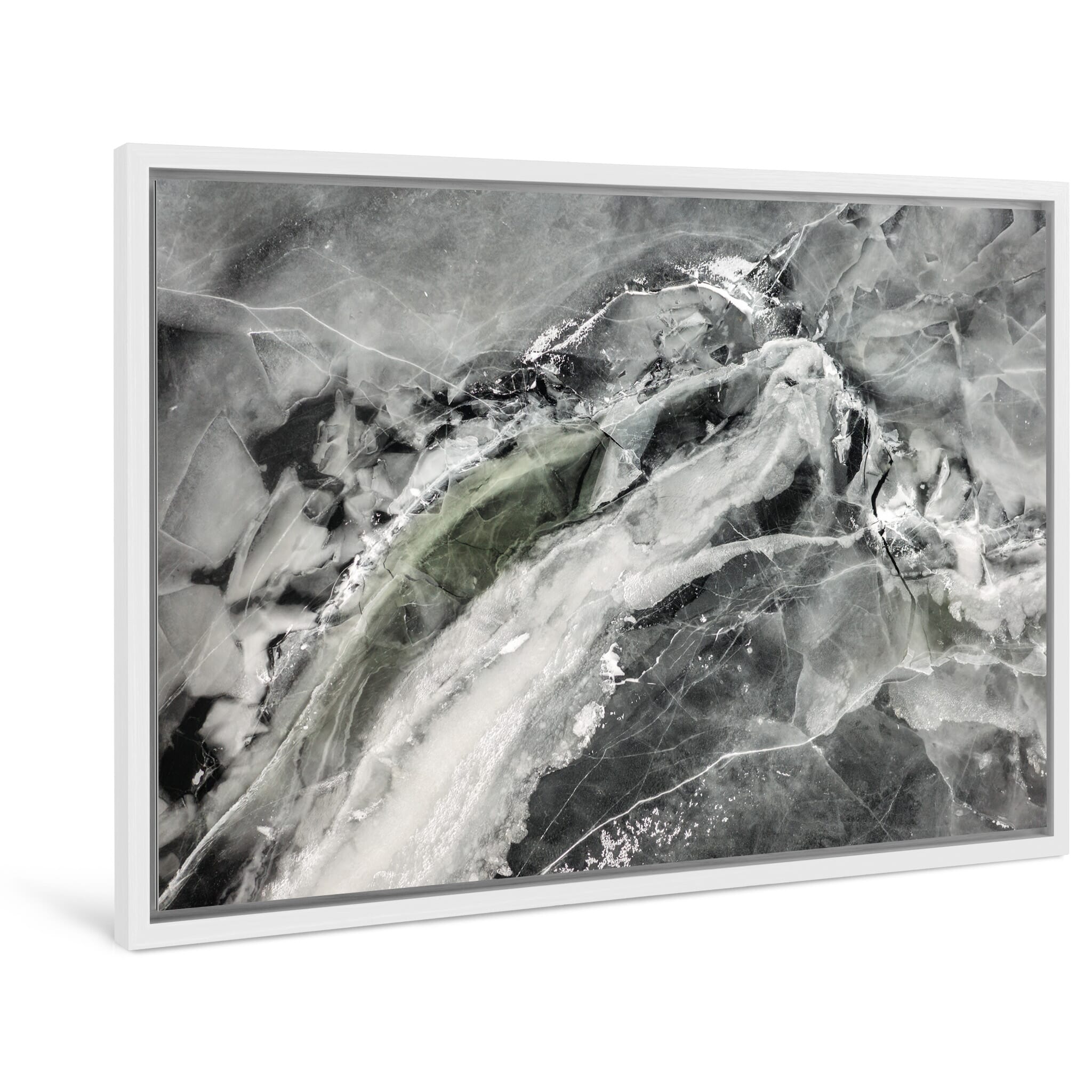 Framed photo print of aerial view of multicolored ice formations shaped by flow and sediment