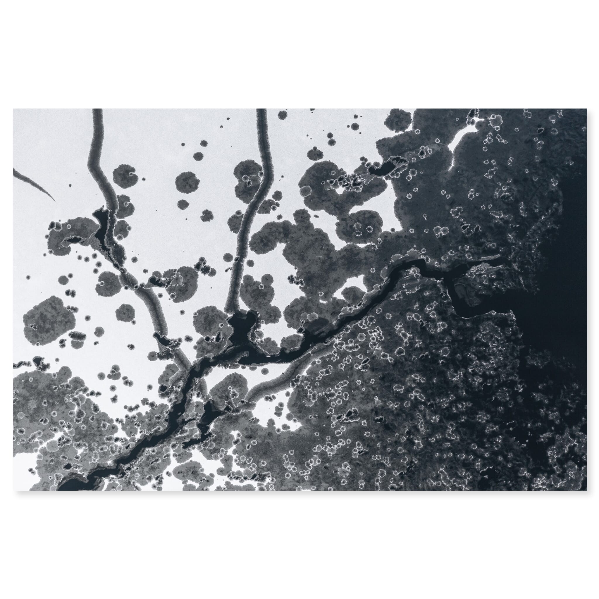Fine art print of abstract patterns with melted holes and cracks in frozen lake ice