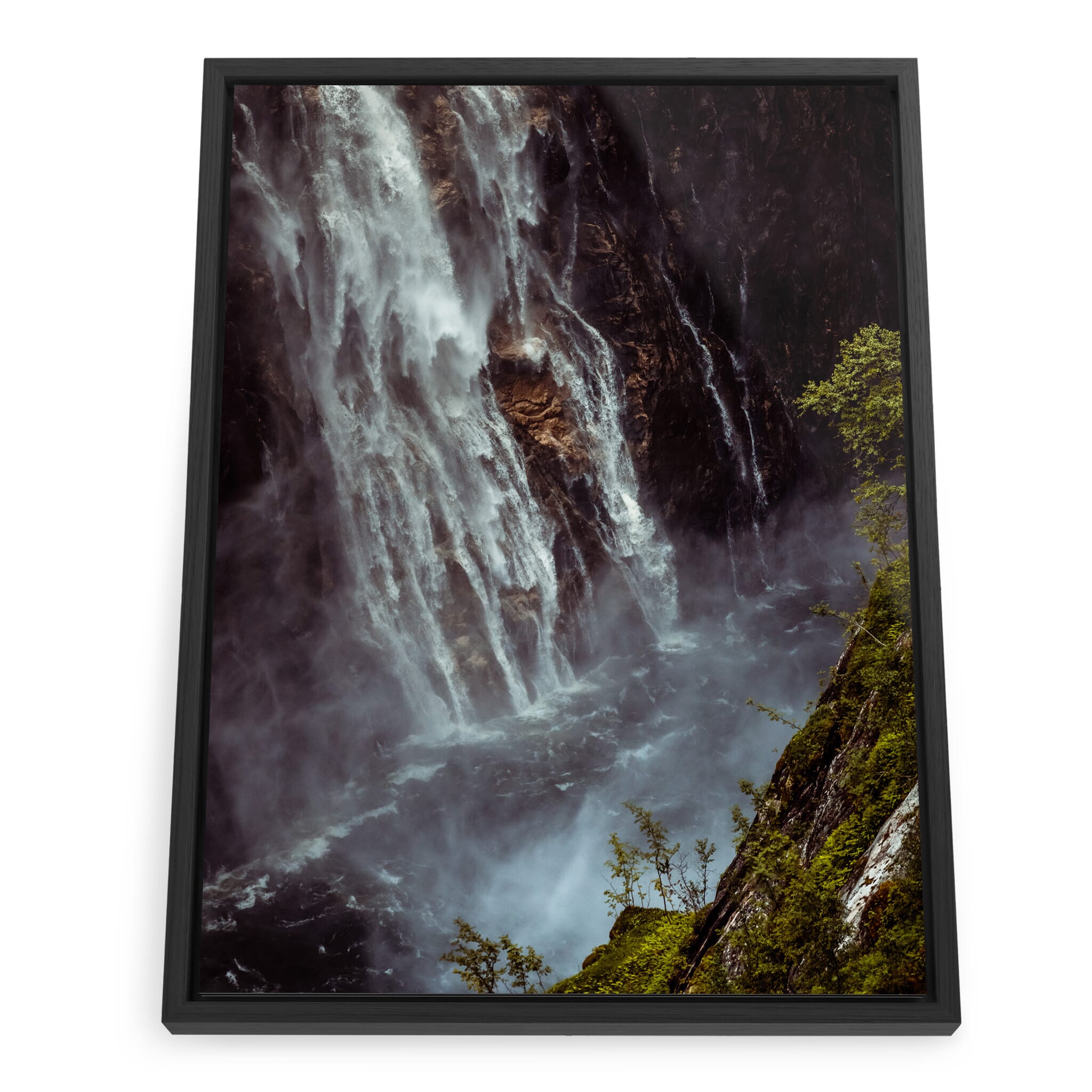 Framed photo print of dramatic waterfall and swirling mist